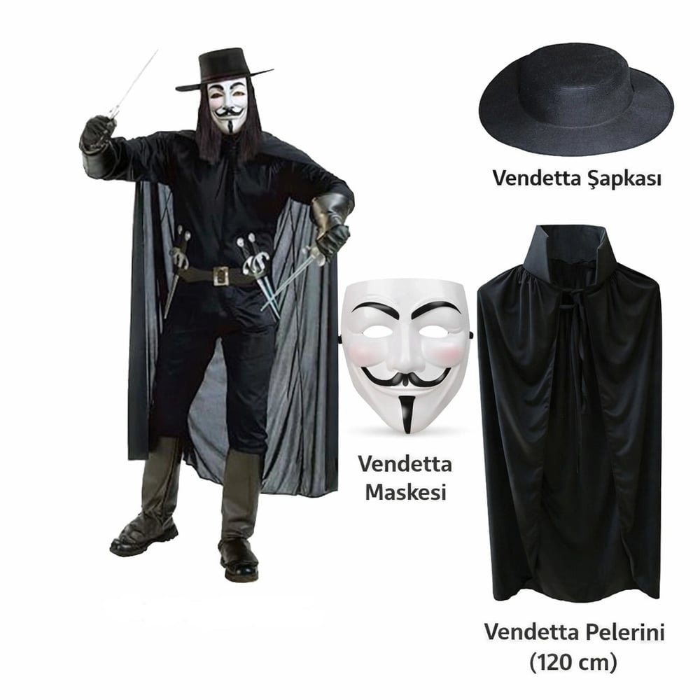 Vendetta Kostüm Seti – Şapka Maske Pelerin (120 Cm)