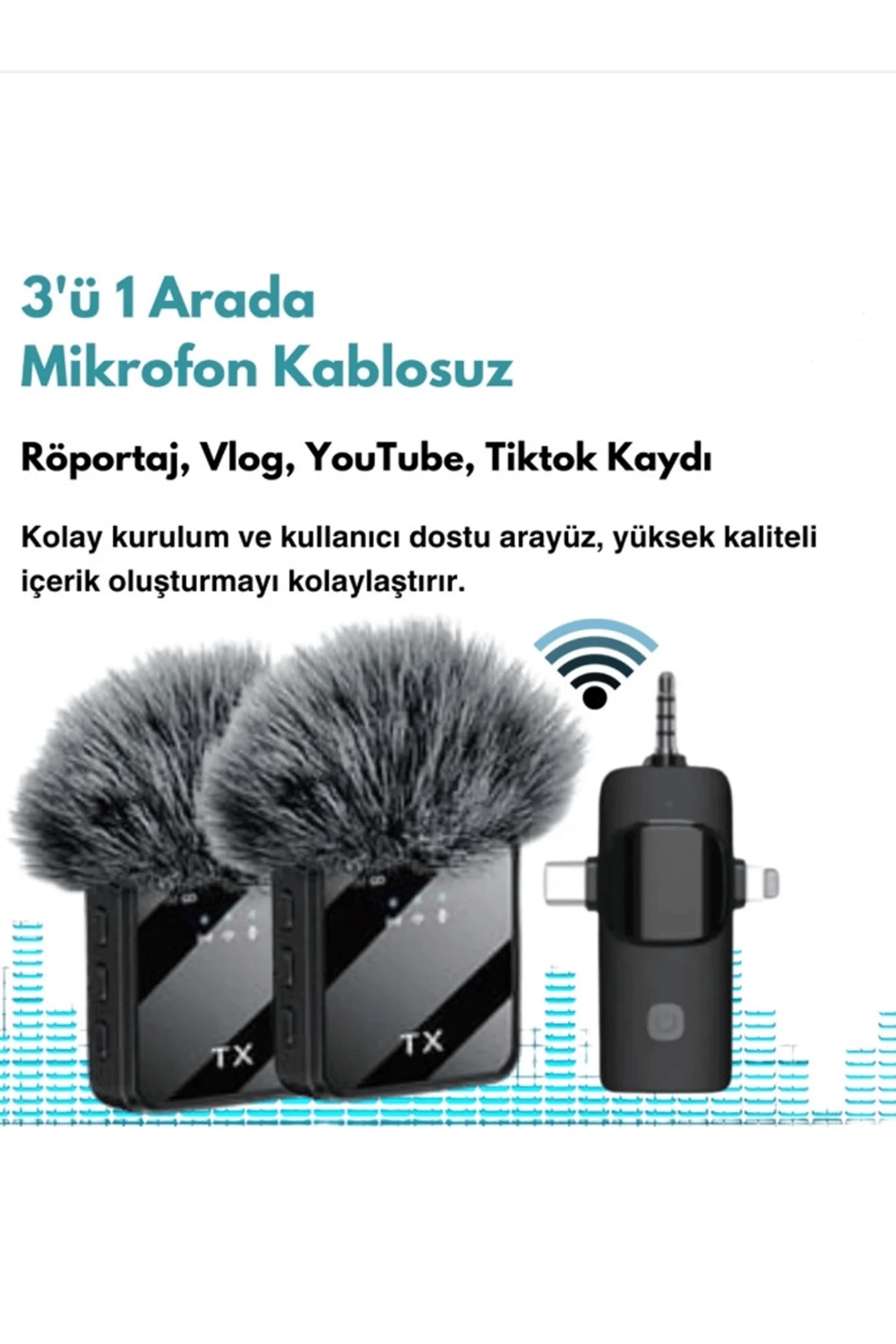 Yüksek Kalite Profesyonel 3 In 1 Kablosuz Taşınabilir Yaka Mikrofonu Tüylü