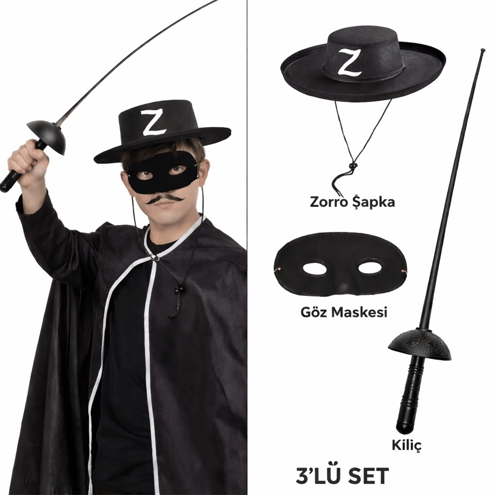 Zorro Kostüm Seti 3’lü Çocuk – Şapka, Maske Ve Kılıç
