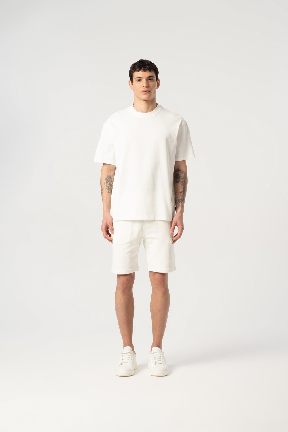 Erkek %100 Pamuk Oversized Bisiklet Yaka Kısa Kollu Tişört ve Şort Takım Ekru
