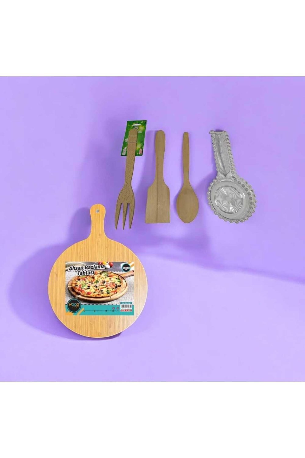 Baran Ahşap Bazlama Tahtası( 28x38 Cm), Ahşap; Spatula, Kaşık,çatal,şeffaf Kaşık Altı