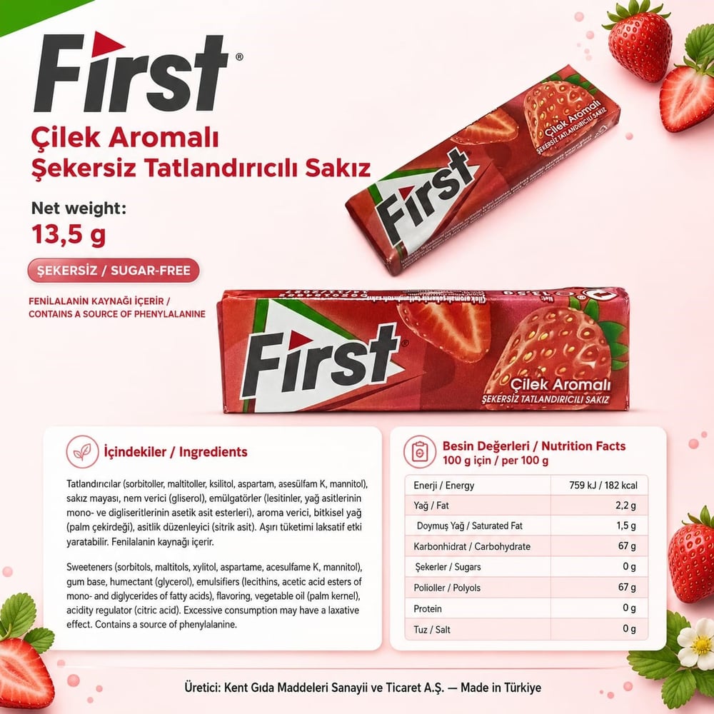 Çilek Aromalı Şekersiz Tatlandırıcılı Sakız  13,5gr