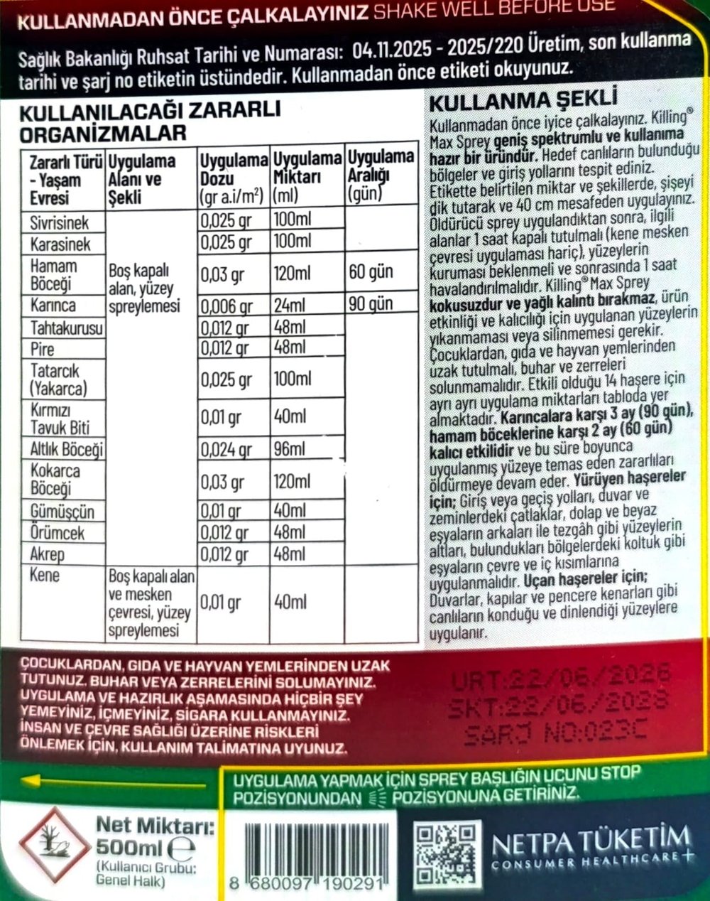 Killing Max Sprey 3 Ay Etkili Çok Amaçlı Hazır Böcek İlacı – 500 ml
