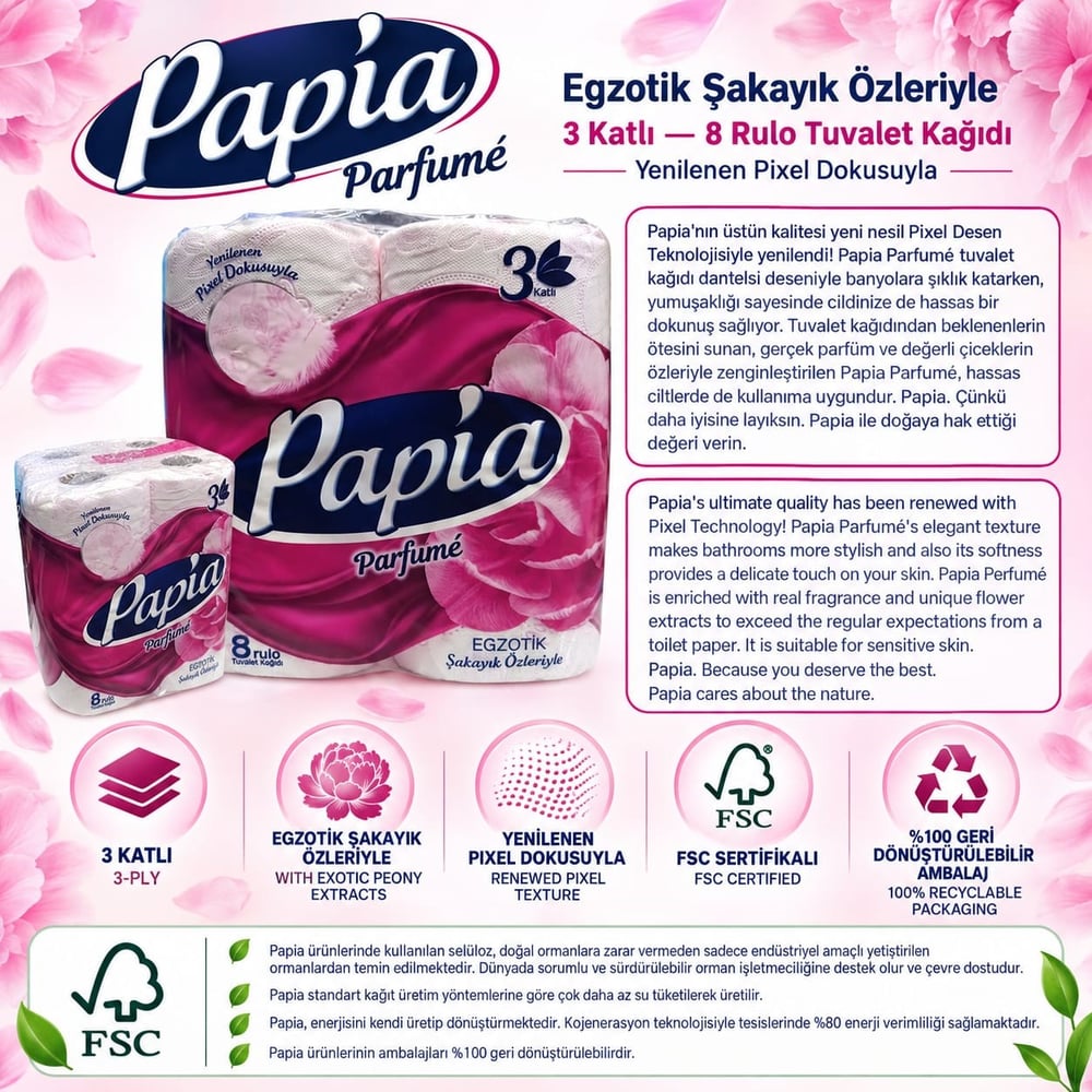 Papia Parfümlü Egzotik Şakayık Özlü 3 Katlı Tuvalet Kağıdı (8 Rulo)