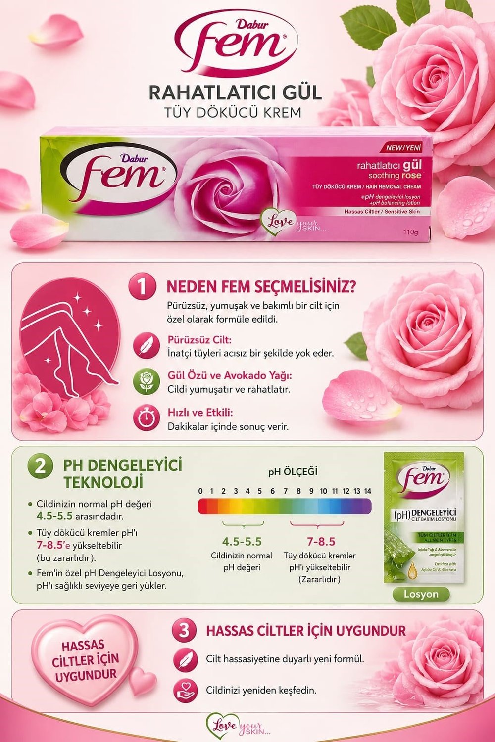 Tüy Dökücü Krem 110g - Hassas Ciltler İçin Gül Rahatlatıcı
