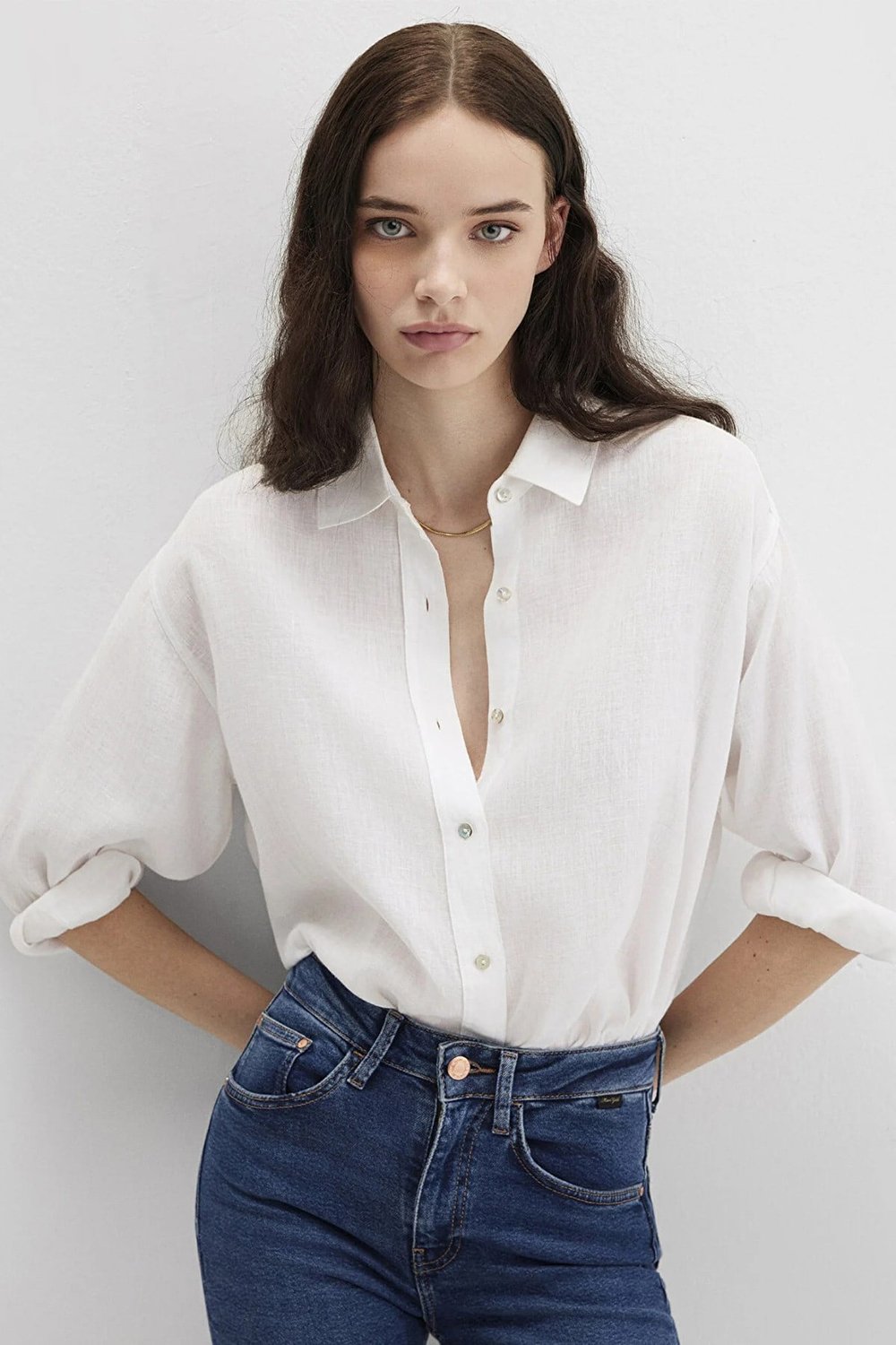 % 100 Keten Loose Fit Uzun Kollu Kadın Gömlek 1210747-620 BEYAZ
