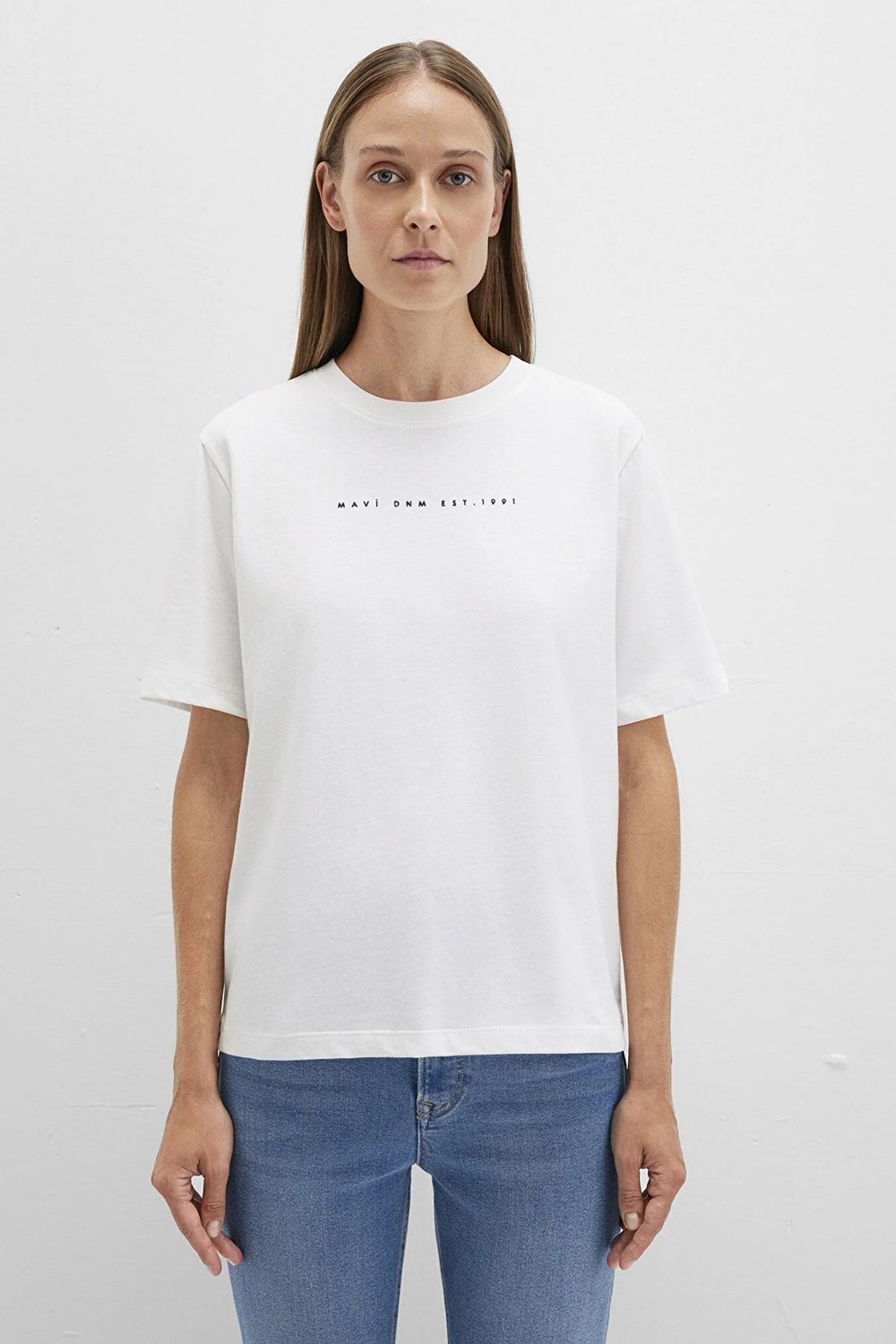 % 100 Pamuk Baskılı Bisiklet Yaka Kadın T Shirt 1613147-70057 EKRU