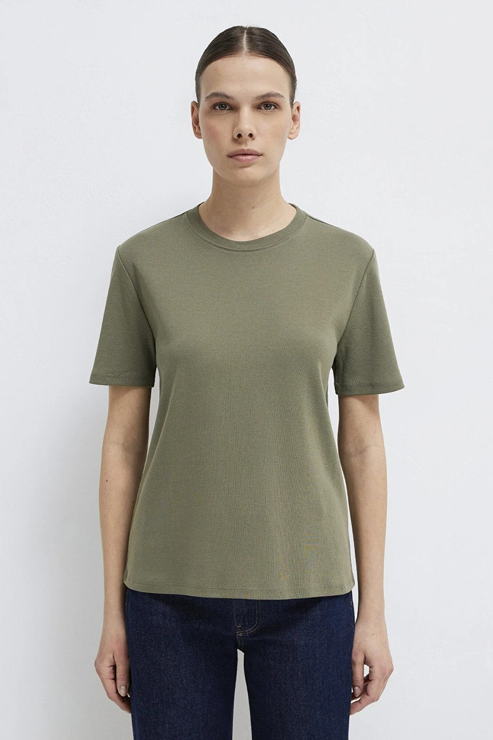 % 100 Pamuk Bisiklet Yaka Basic Kadın T Shirt 1612916-86961 HAKİ
