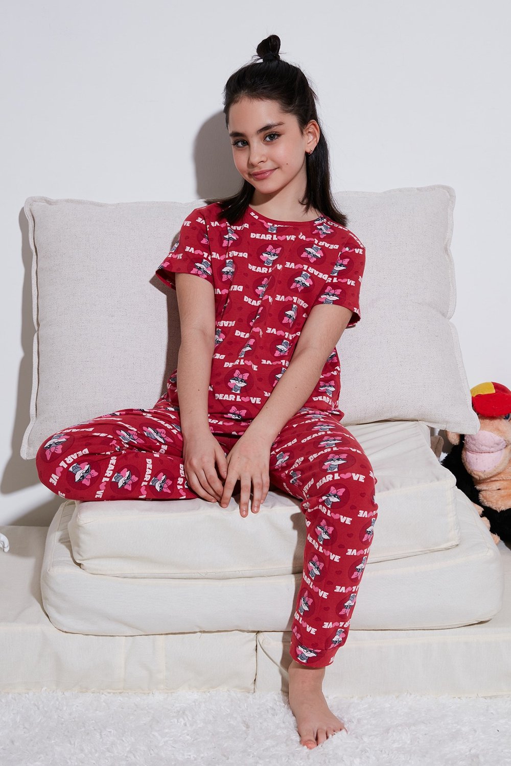 % 100 Pamuk Bisiklet Yaka Kısa Kollu Kız Çocuk Pijama Takımı 6651004 KIRMIZI
