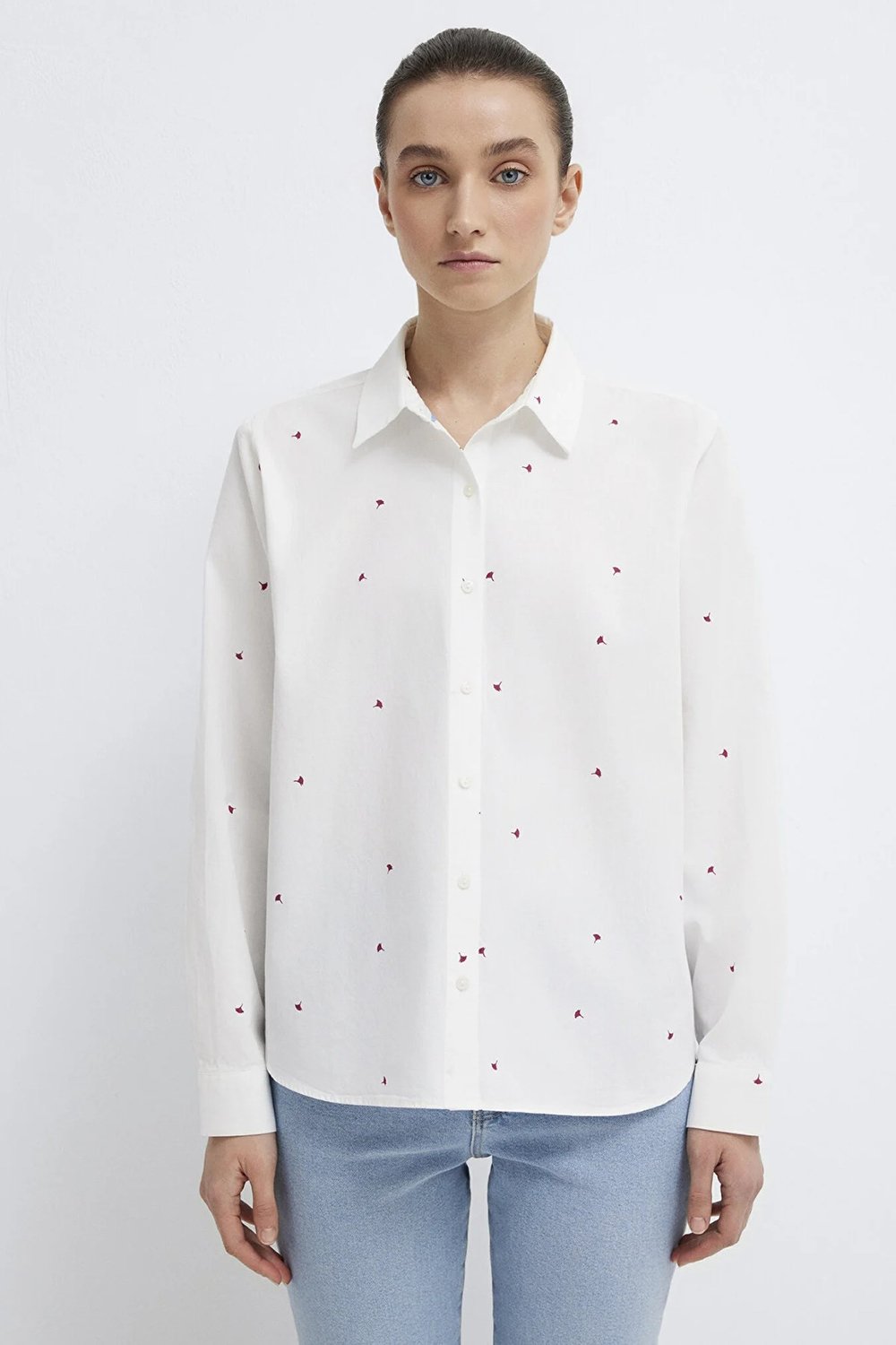 % 100 Pamuk Loose Fit Çiçek Baskılı Uzun Kollu Kadın Gömlek 1210610-91381 KREM