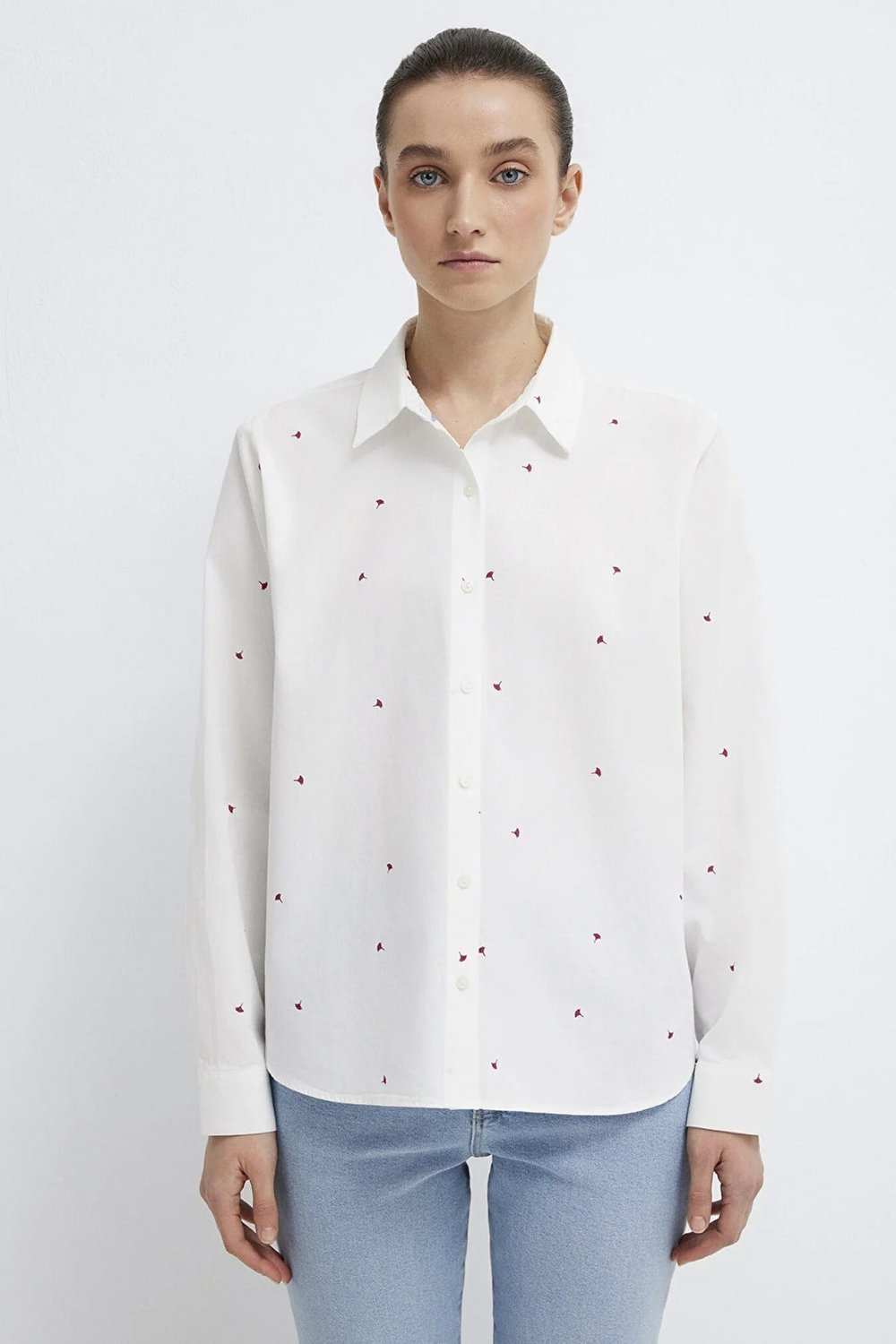 % 100 Pamuk Loose Fit Çiçek Baskılı Uzun Kollu Kadın Gömlek 1210610-91381 KREM