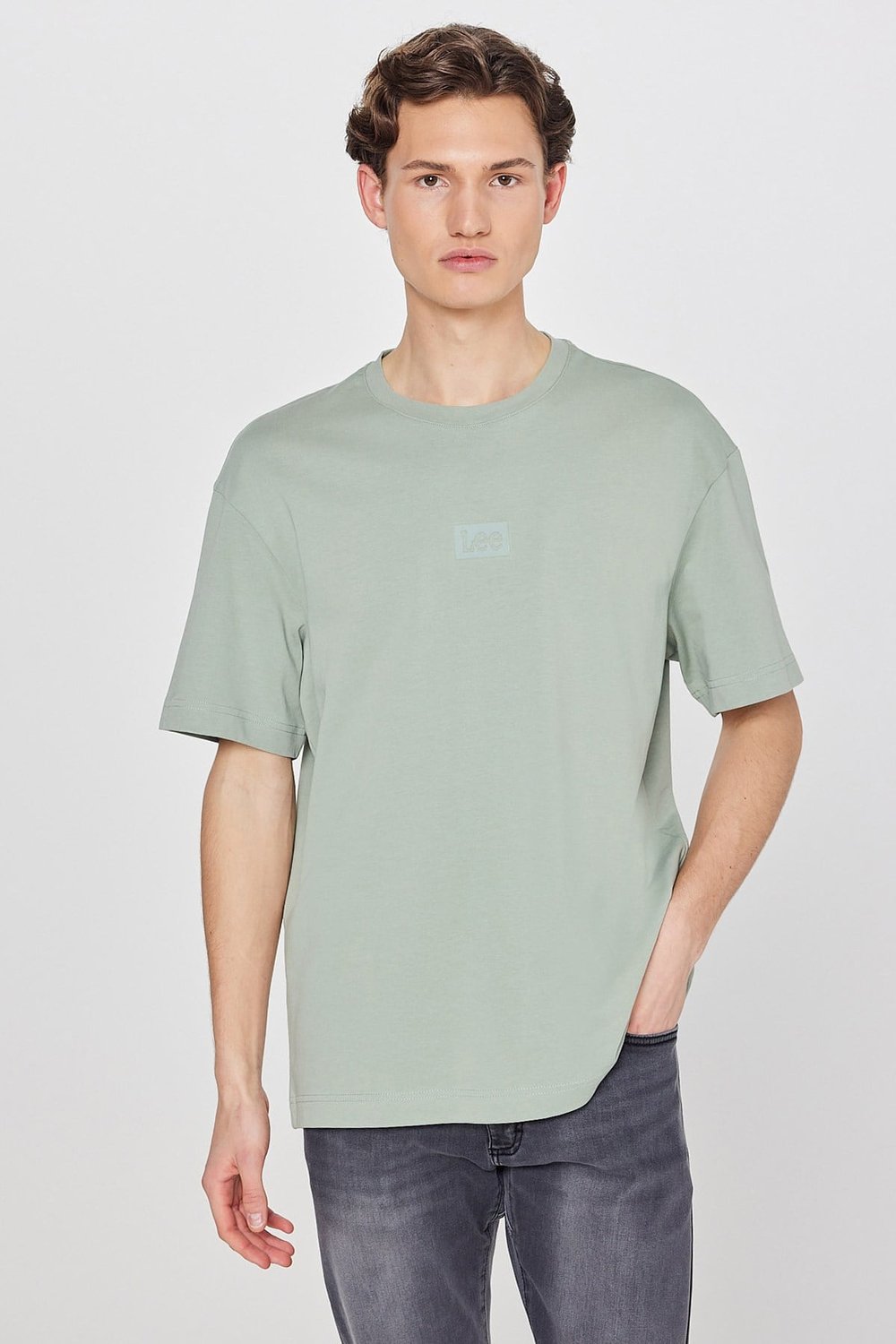 % 100 Pamuk Loose Fit Logolu Bisiklet Yaka T shirt Erkek T Shirt L2520302 306 TURKUAZ