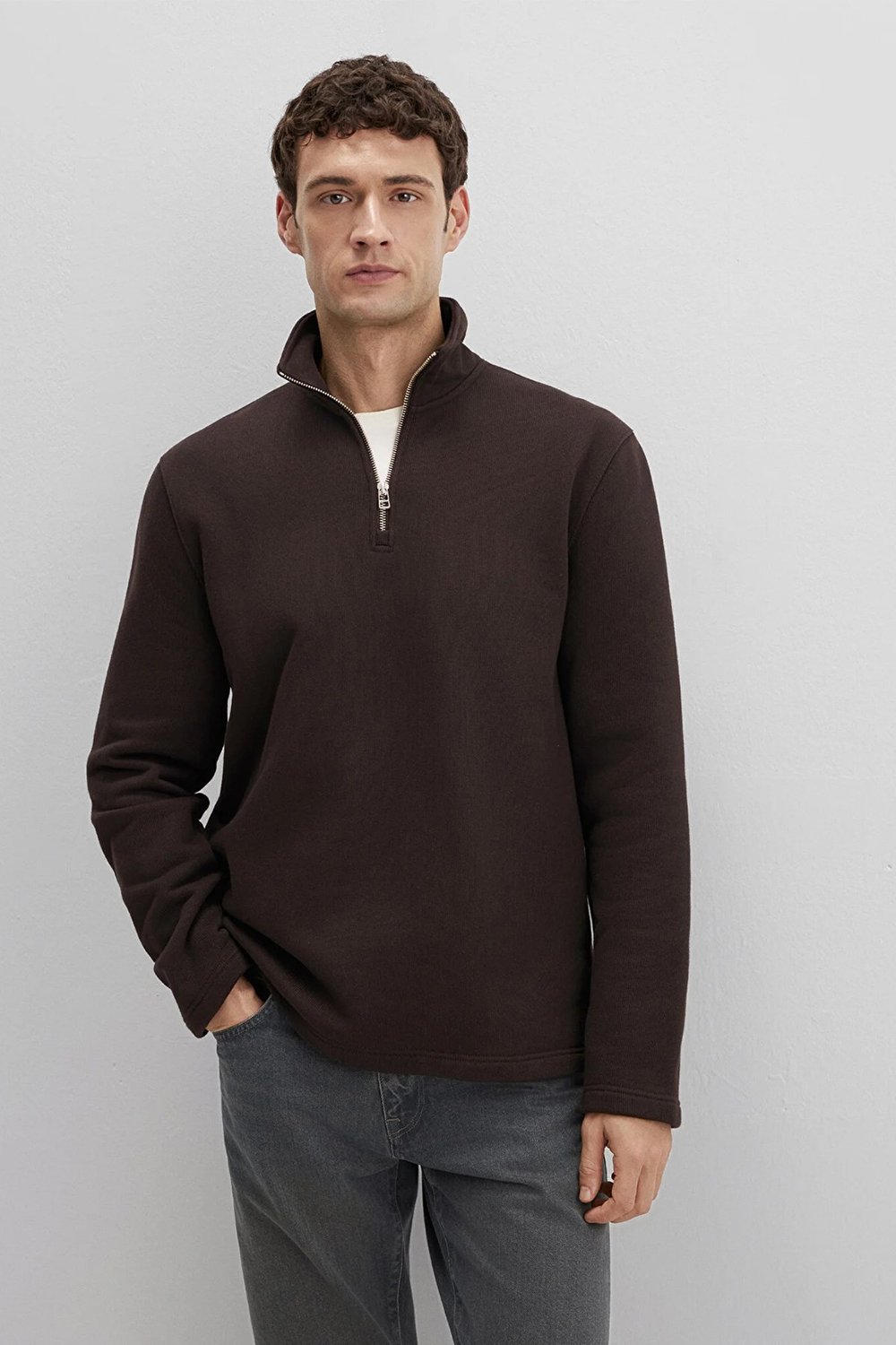 % 100 Pamuk Loose Fit Yarım Fermuarlı Dik Yaka Erkek Sweat 0S10519-89103 KAHVE