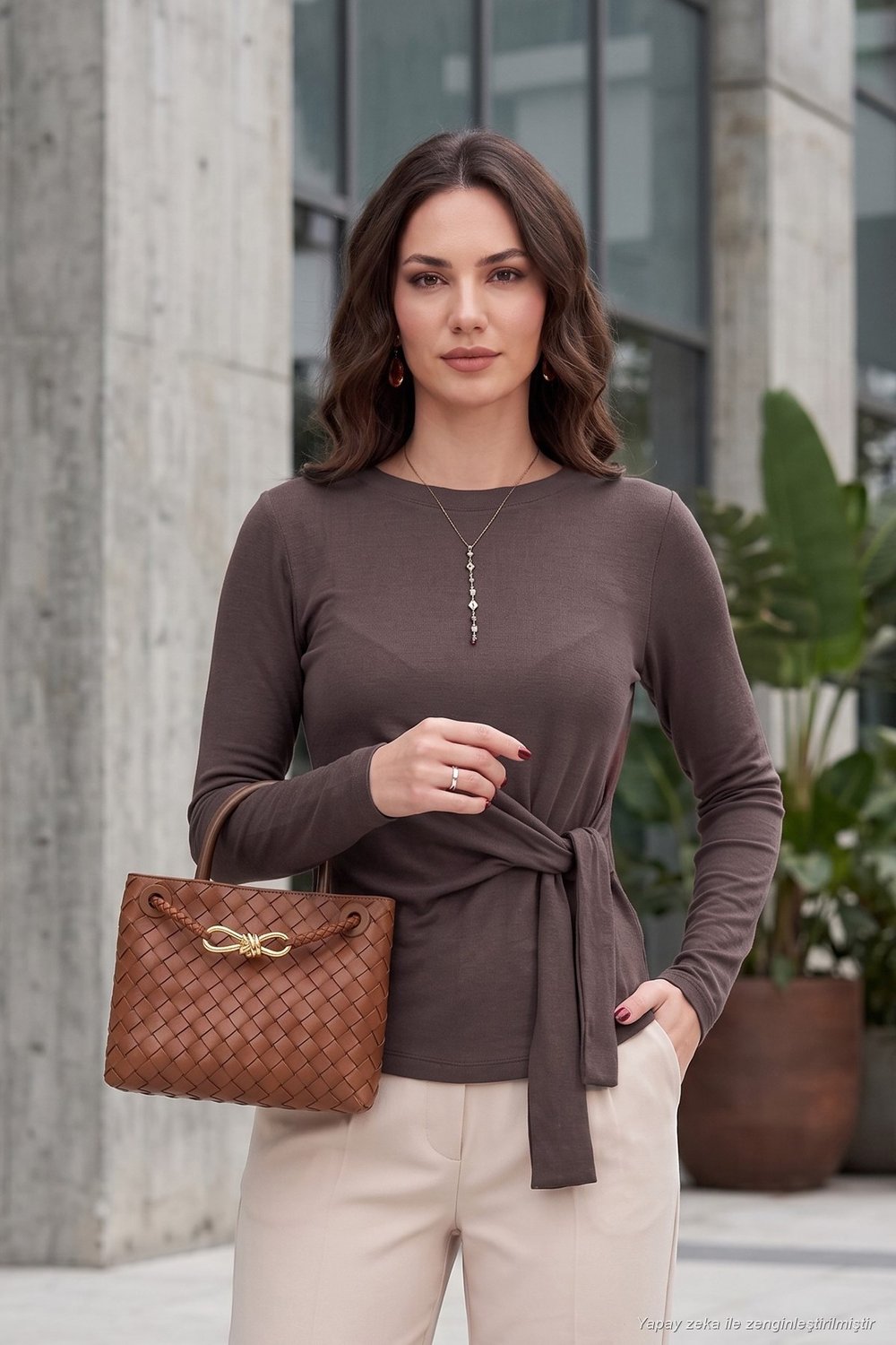 Belden Bağlama Detaylı Bisiklet Yaka Kadın Bluz 5866909 KAHVE