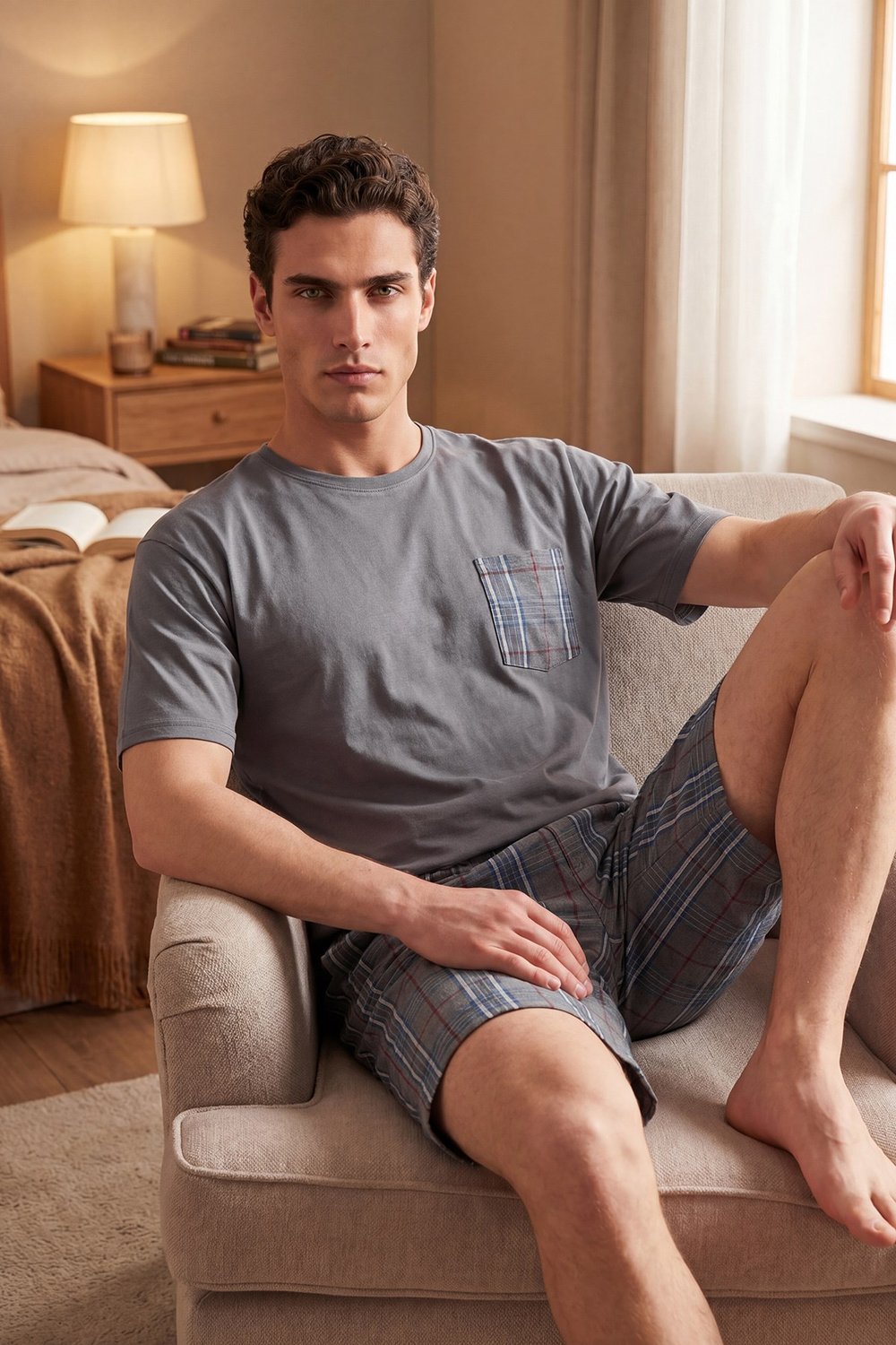 Buratti Kareli Pamuklu Regular Fit Şortlu Erkek Pijama Takımı 6572021 FÜME