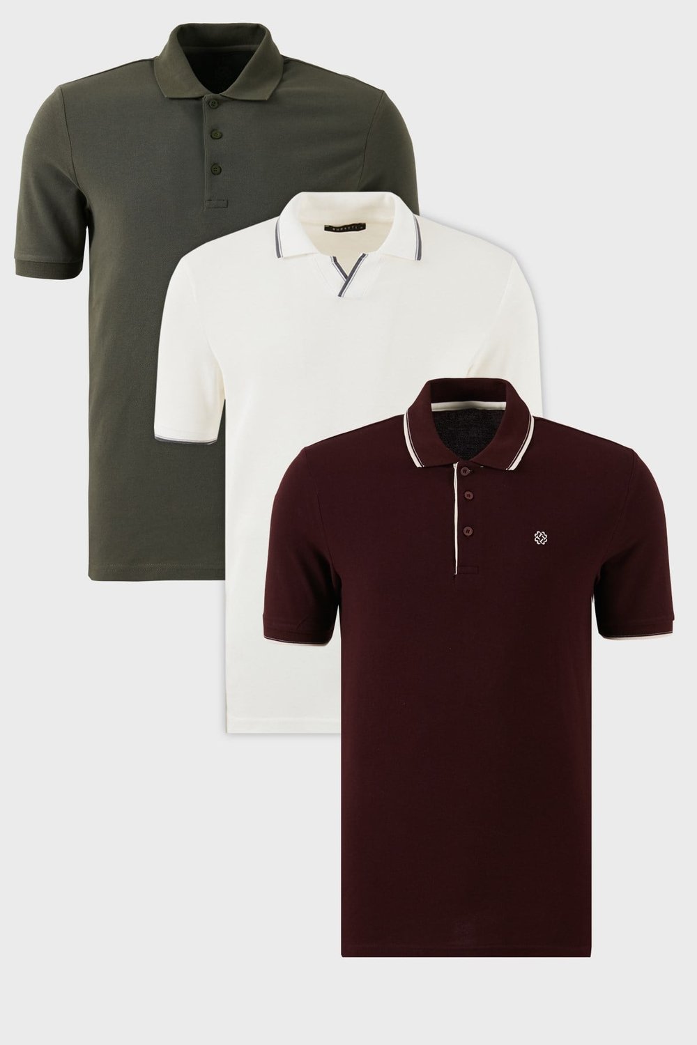 Buratti Pamuklu Regular Fit 3'lü Paket Erkek Polo Yaka T Shirt 59029641827S3 Beyaz-Vişne-Beyaz-Haki