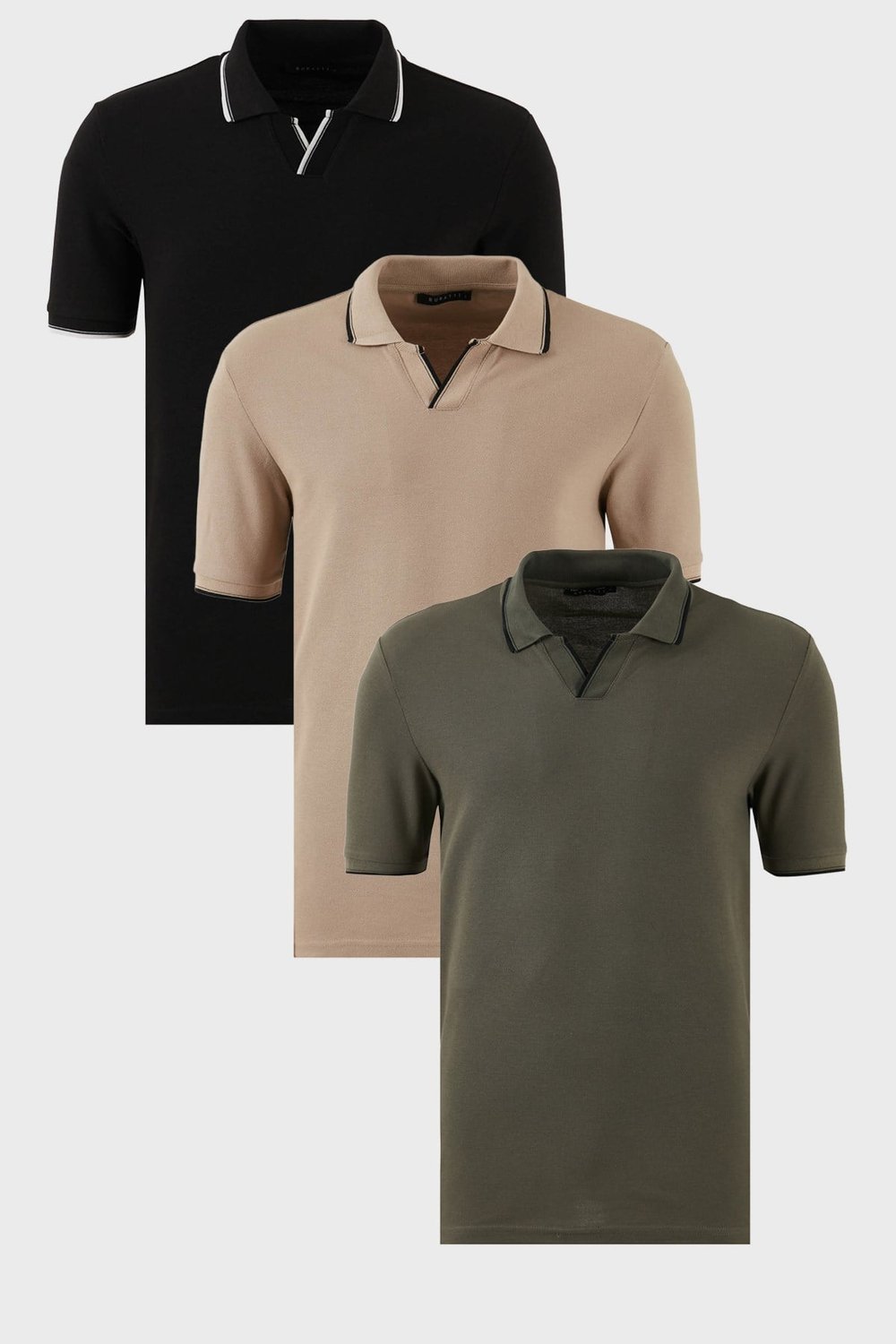 Buratti Pamuklu Regular Fit Şerit Detaylı 3'lü Paket Erkek Polo Yaka T Shirt 5902964S3 Siyah-Vizon-Haki