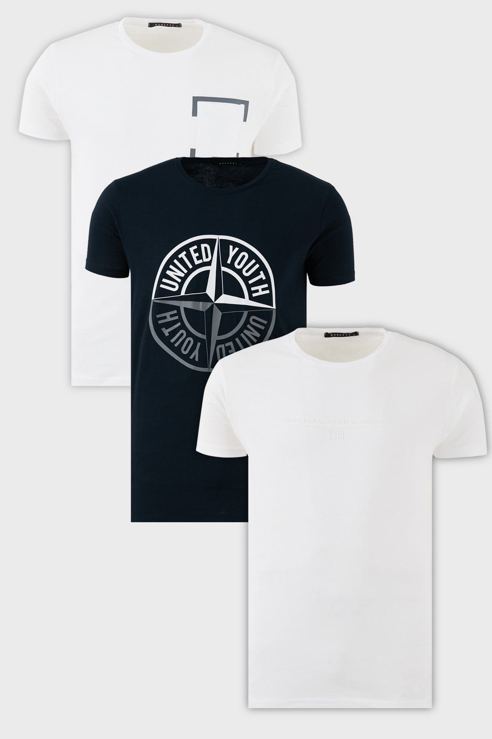 Buratti Pamuklu Slim Fit Bisiklet Yaka Baskılı 3'lü Paket Erkek T Shirt 541S31 Lacivert-Beyaz-Beyaz