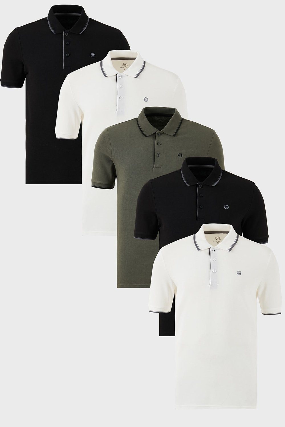 Buratti Pamuklu Slim Fit Şerit Detaylı Düğmeli Polo Yaka 5'li Paket Erkek T Shirt 5902118S5 Siyah-Siyah-Beyaz-Beyaz-Haki
