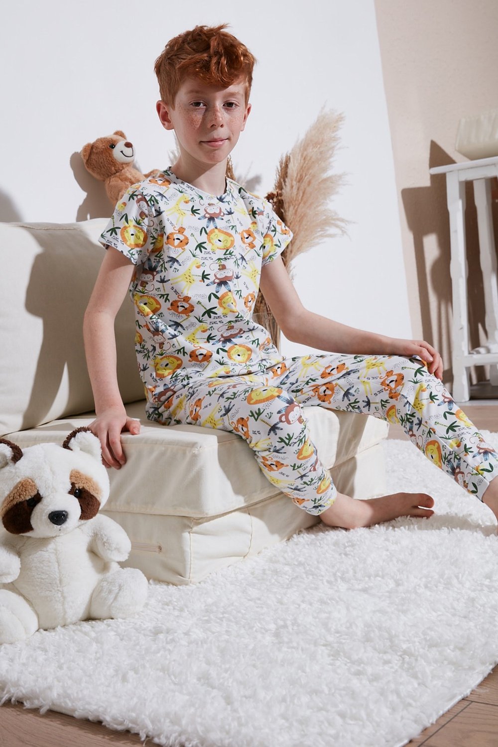 Desenli % 100 Pamuk Bisiklet Yaka Erkek Çocuk Pijama Takımı 6651003 EKRU-SARI