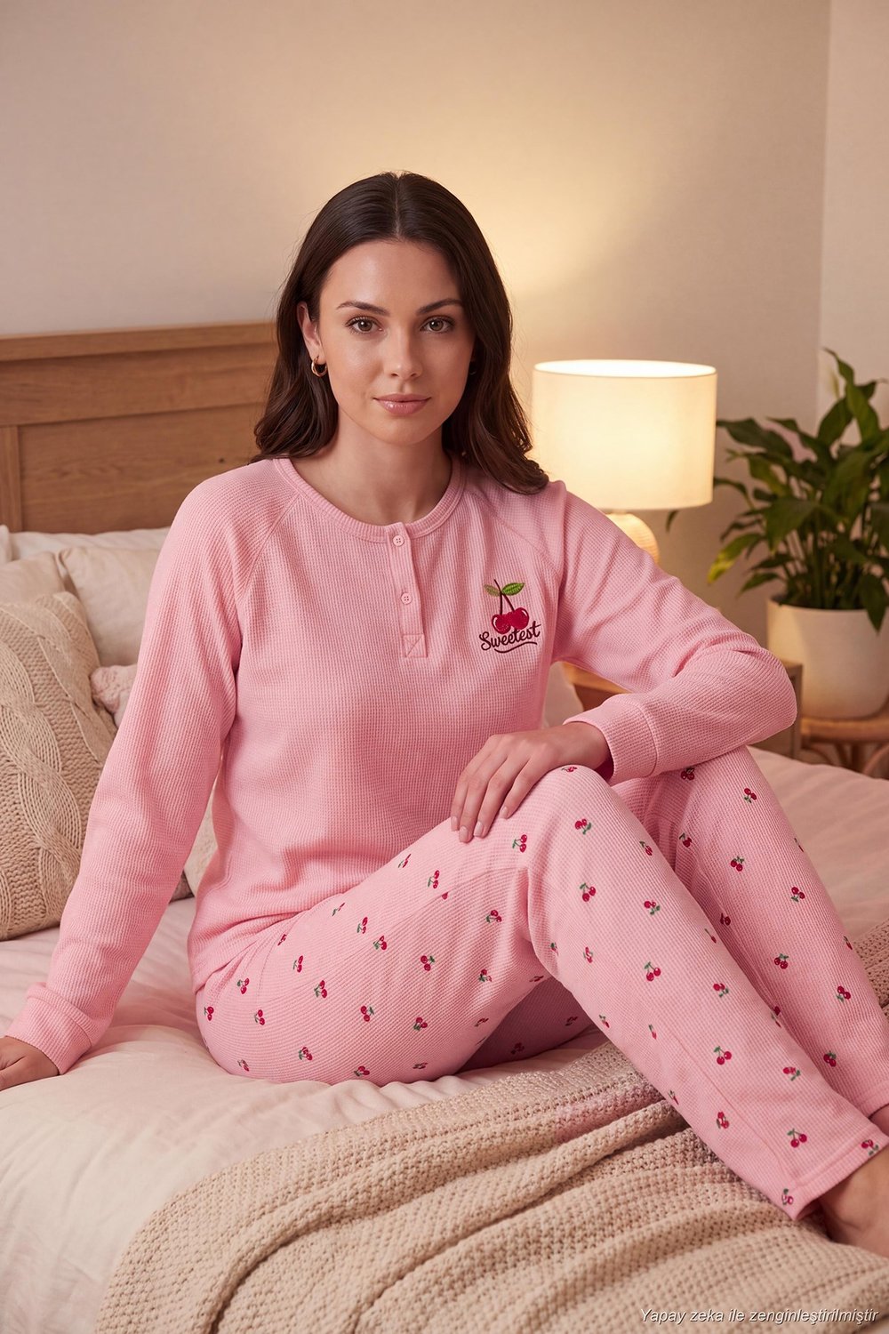 Desenli Düğmeli Bisiklet Yaka Uzun Kollu Kadın Pijama Takımı 6575021 PEMBE