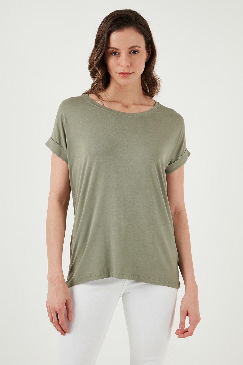 Dökümlü Bisiklet Yaka Basic Kadın T Shirt 26Y0194K1 HAKİ