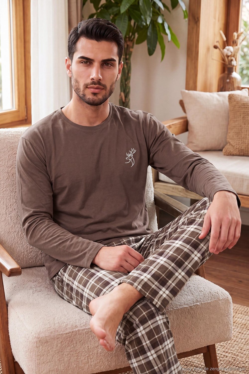 Ekoseli Pamuklu Bisiklet Yaka Uzun Kollu Erkek Pijama Takımı 6575003 KAHVE