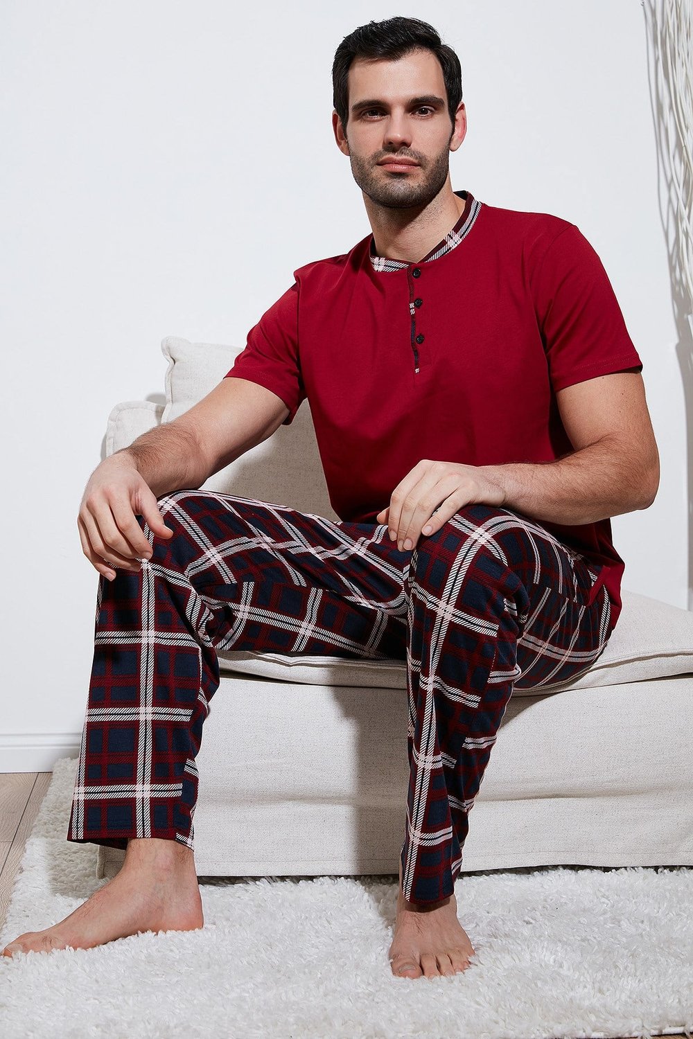 Ekoseli Pamuklu Regular Fit Kısa Kollu Erkek Pijama Takımı 60961007 BORDO