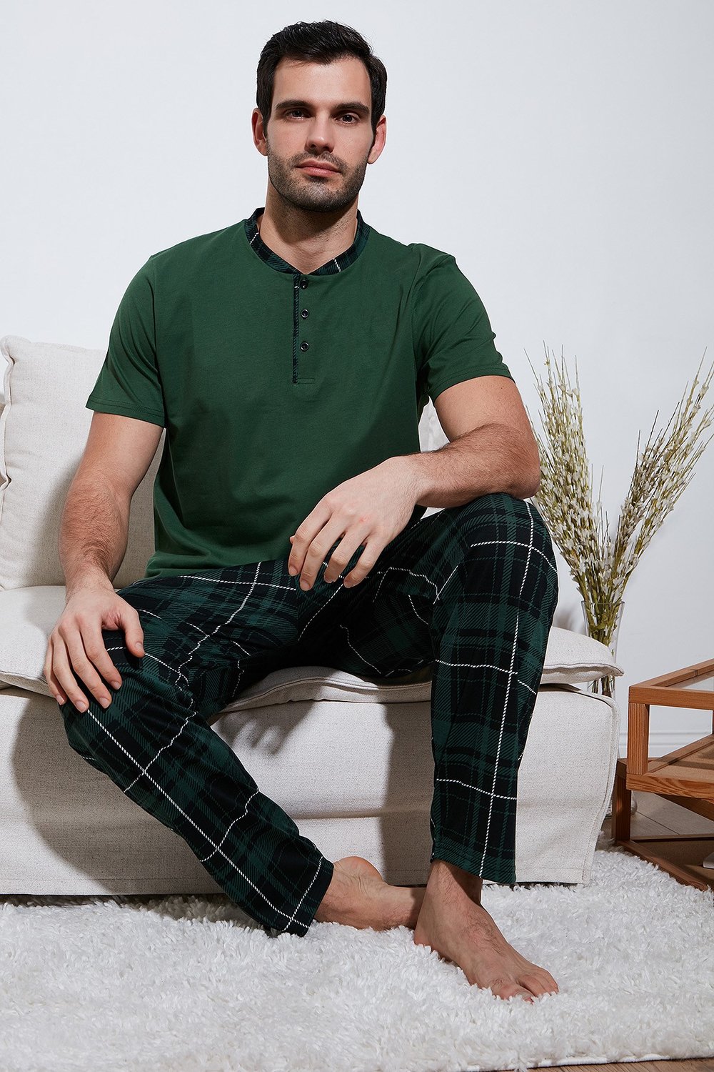 Ekoseli Pamuklu Regular Fit Kısa Kollu Erkek Pijama Takımı 60961007 YEŞİL
