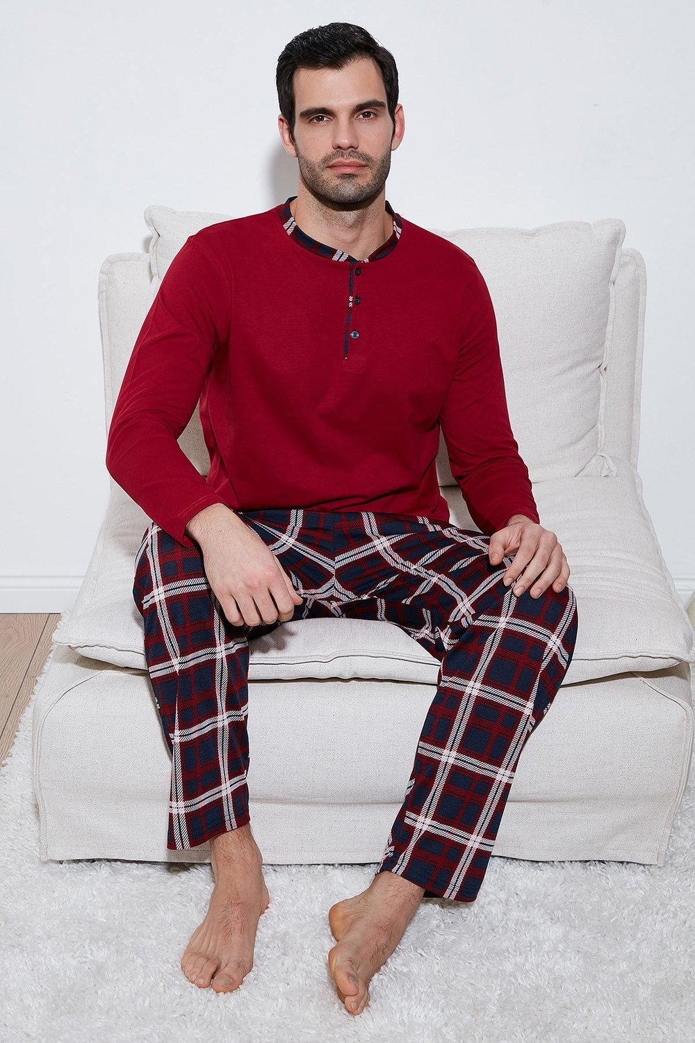Ekoseli Pamuklu Regular Fit Uzun Kollu Erkek Pijama Takımı 60961005 BORDO