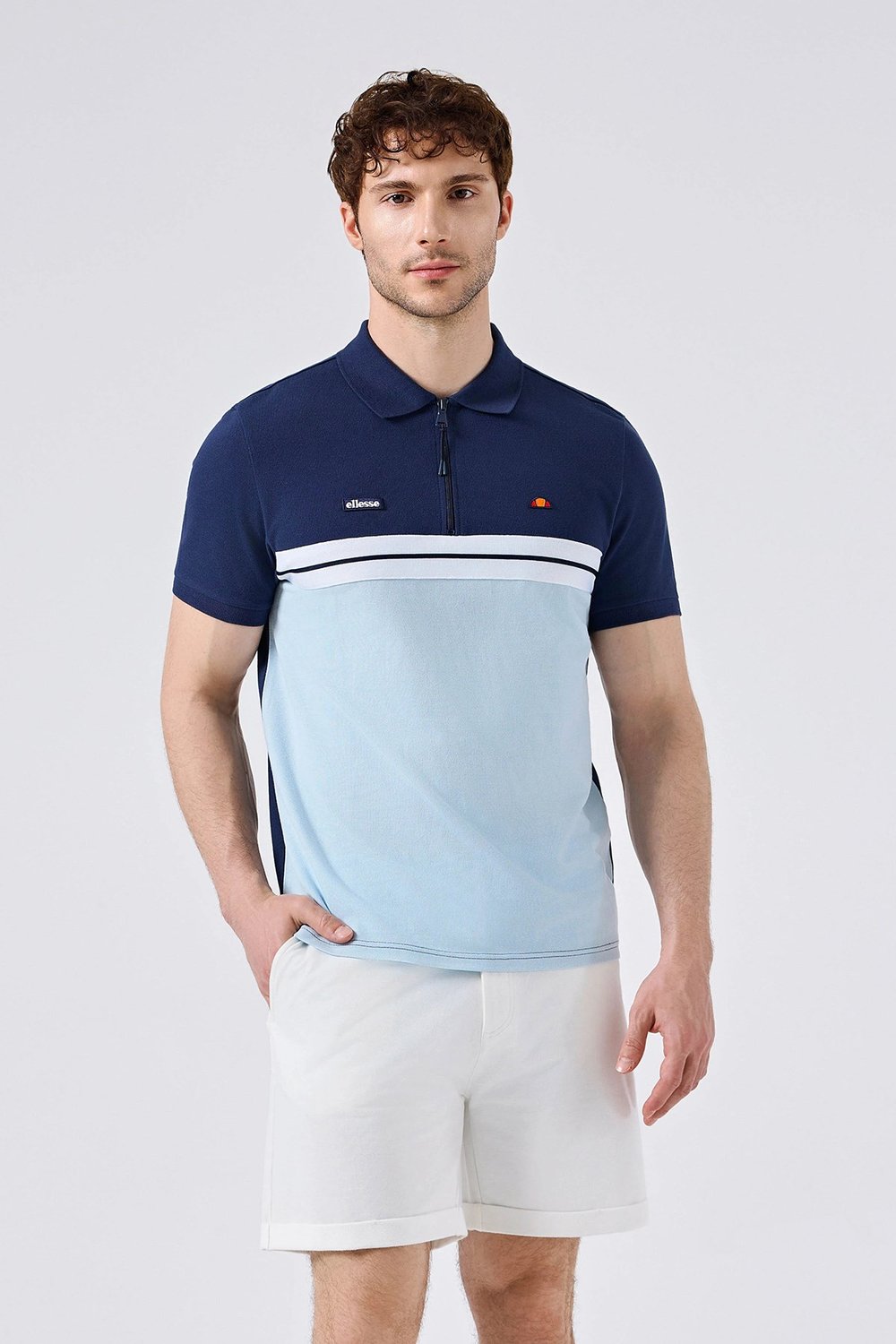 Ellesse % 100 Pamuk Renk Bloklu Fermuarlı Erkek Polo Yaka T Shirt 6SM5015 BBL BEBE MAVİ