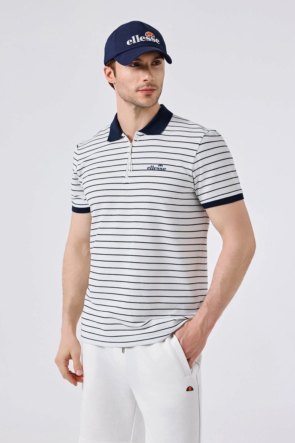 Ellesse Çizgili Regular Fit Fermuarlı Erkek Polo Yaka T Shirt 6SM5020-OF BEYAZ