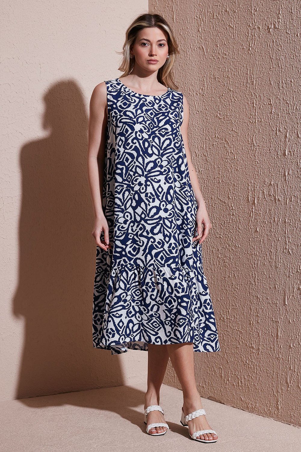 Fashion Friends Desenli Rahat Kalıp Bisiklet Yaka Midi Kadın Elbise 26Y0458K1 MAVİ