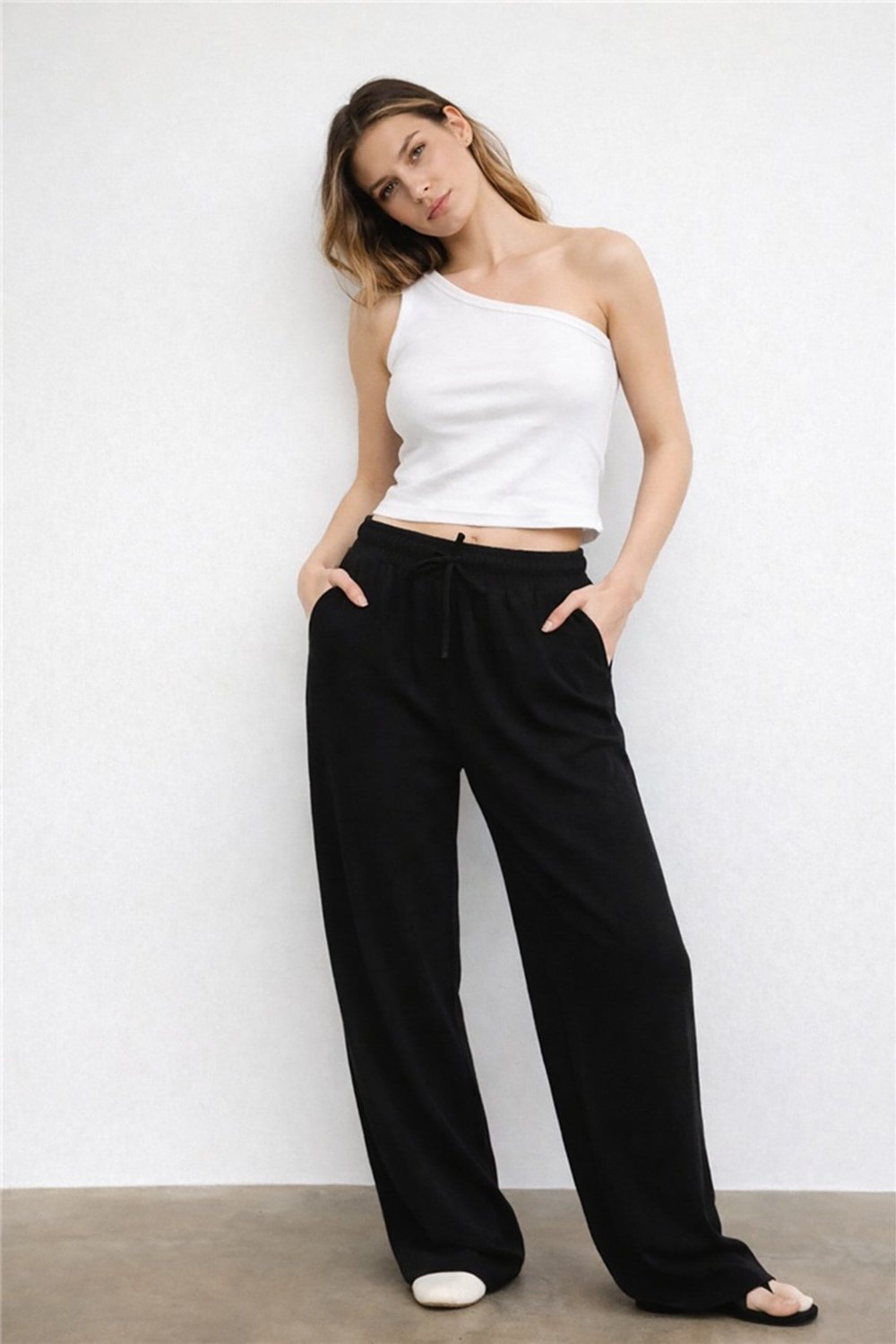 Fashion Friends Pamuk ve Keten Karışımlı Yüksek Bel Kadın Pantolon 26Y0608K1 SİYAH