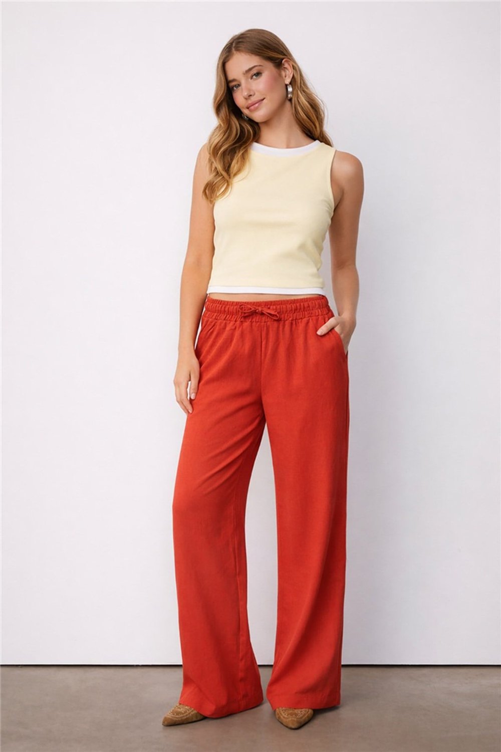 Fashion Friends Pamuk ve Keten Karışımlı Yüksek Bel Kadın Pantolon 26Y0608K1 KİREMİT