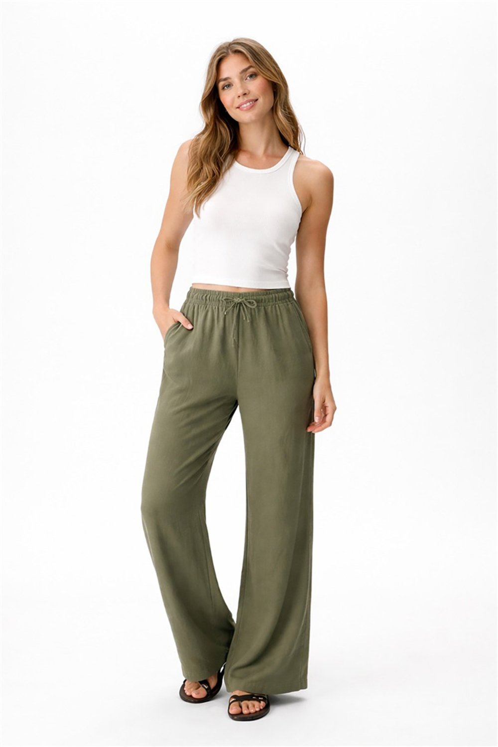 Fashion Friends Pamuk ve Keten Karışımlı Yüksek Bel Kadın Pantolon 26Y0608K1 HAKİ