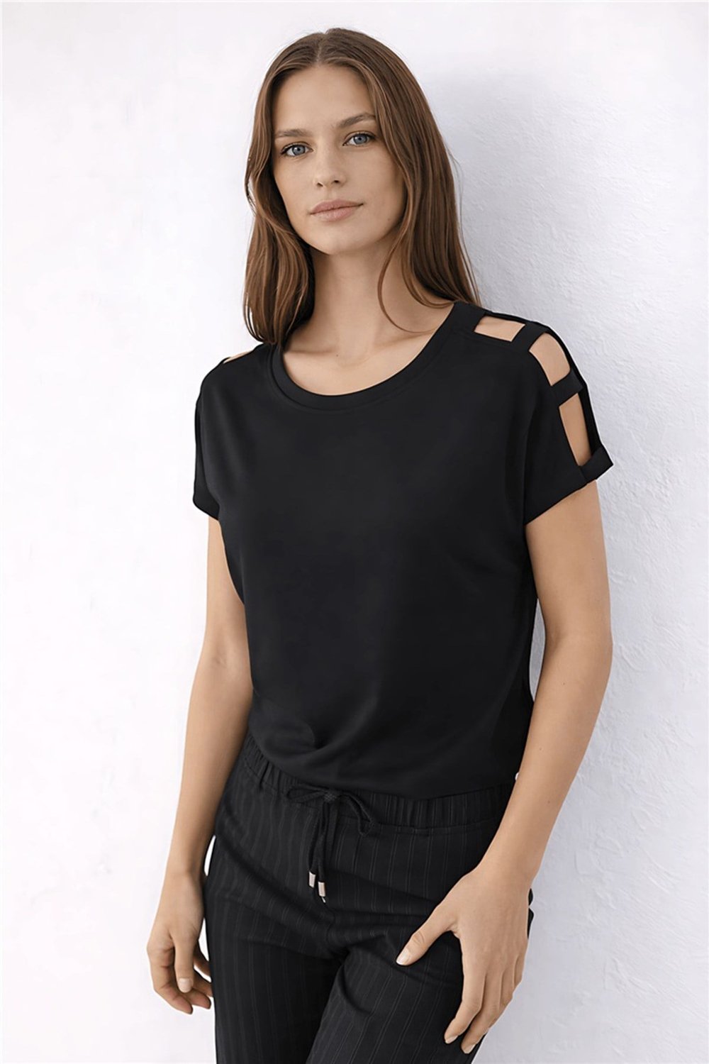 Fashion Friends Pamuk ve Modal Karışımlı Omuz Detaylı Kadın T Shirt 26Y0195K1 SİYAH