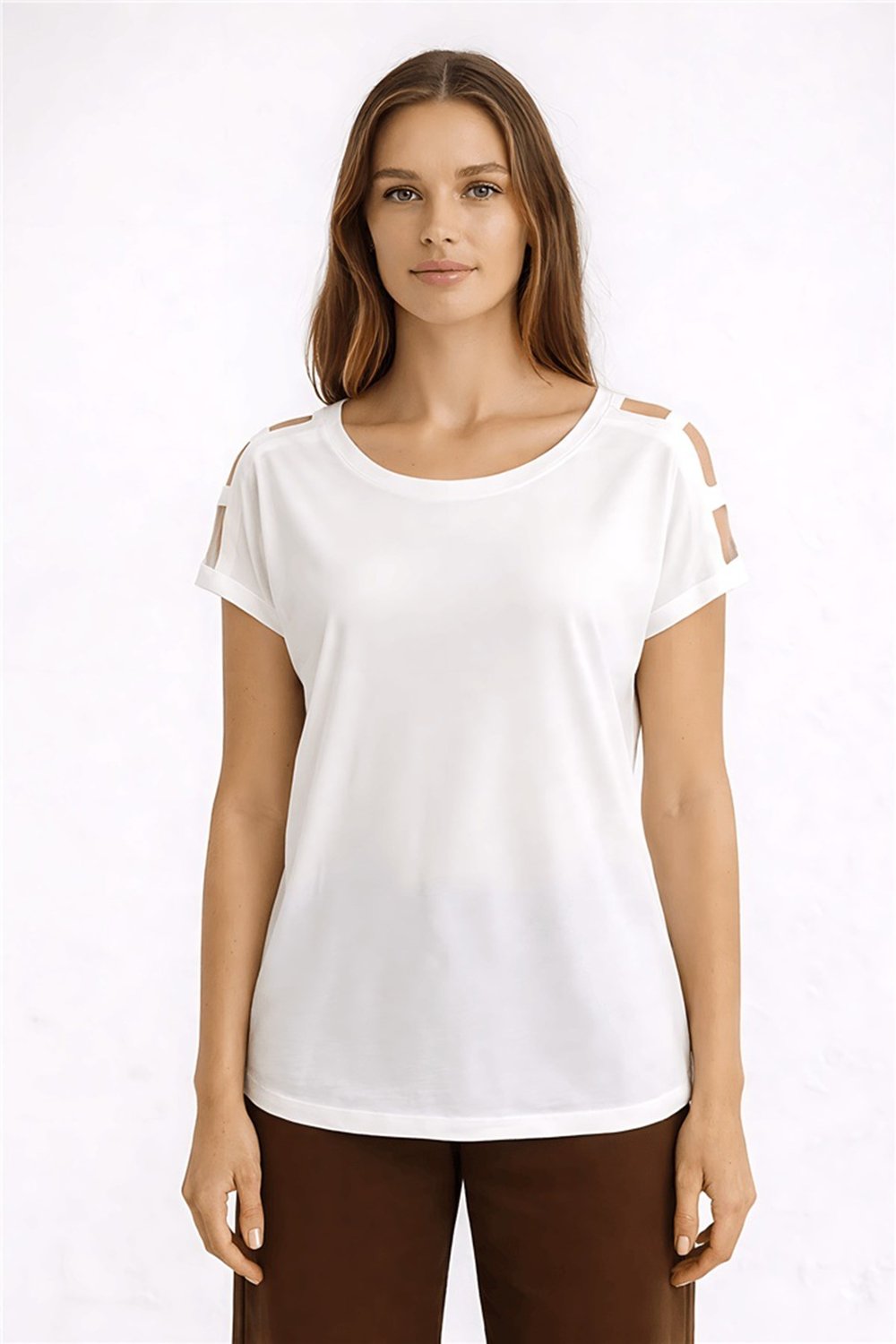 Fashion Friends Pamuk ve Modal Karışımlı Omuz Detaylı Kadın T Shirt 26Y0195K1 BEYAZ