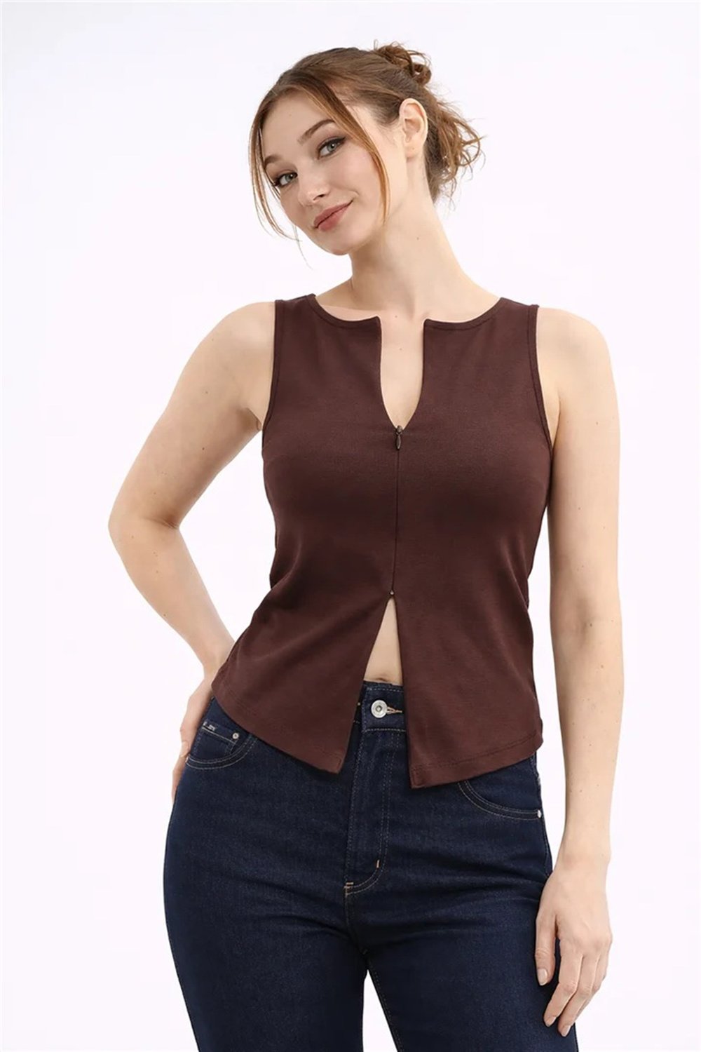 Fashion Friends Pamuklu Regular Fit Fermuarlı Yaka Kadın Bluz 26Y0709K1 KAHVE