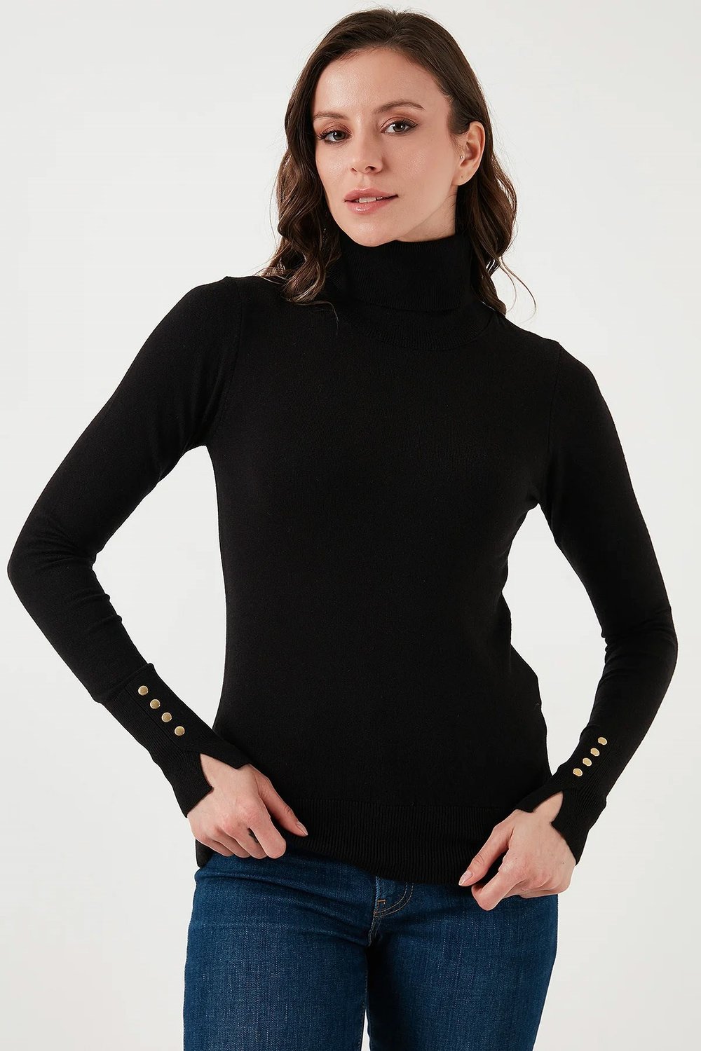 Fashion Friends Regular Fit Balıkçı Yaka Düğme Detaylı Bayan Kazak 25K0024K1 SİYAH