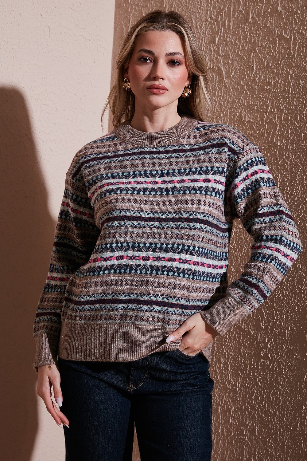Fashion Friends Regular Fit Desenli Bisiklet Yaka Bayan Kazak 25K0092K1 VİZON