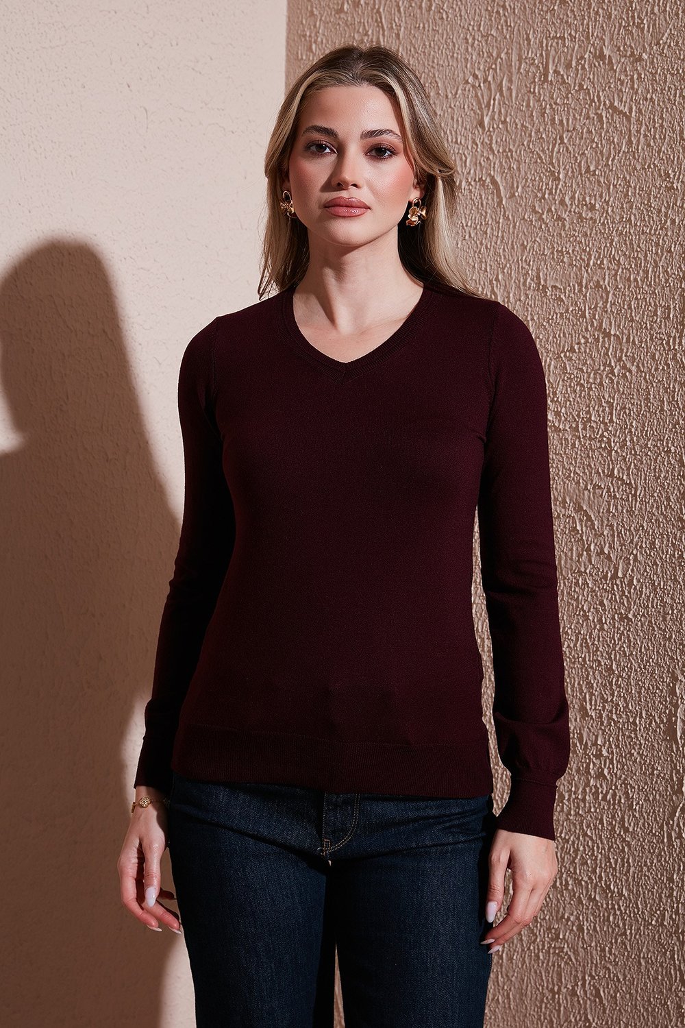 Fashion Friends Regular Fit V Yaka Bayan Kazak 25K0778K1 BORDO