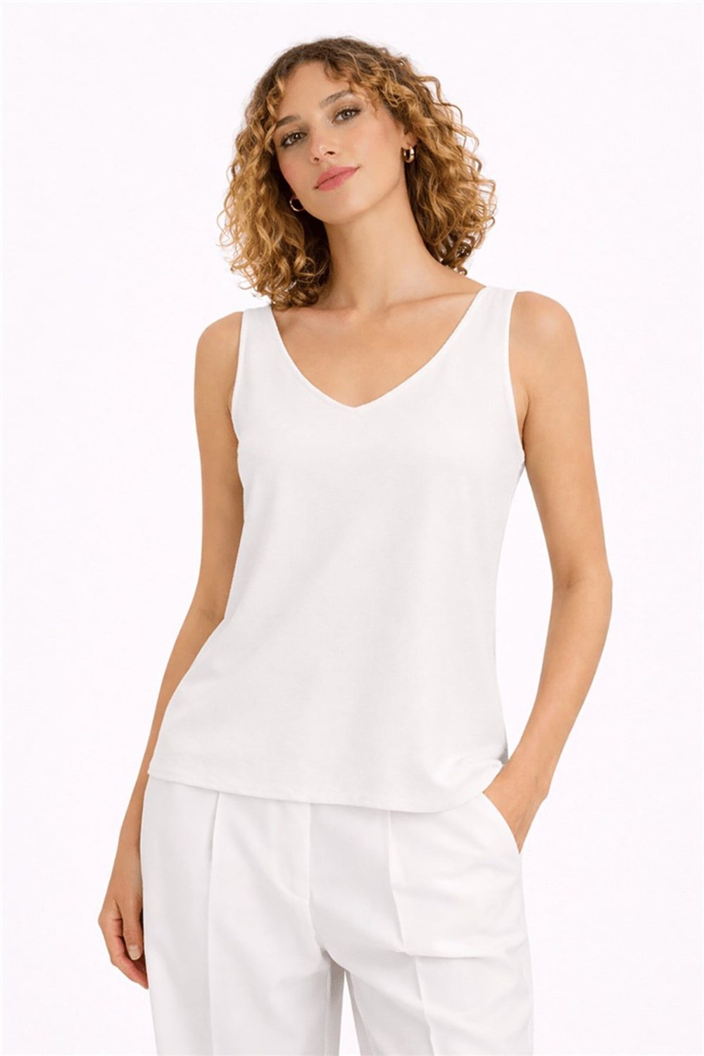 Fashion Friends Regular Fit V Yaka Simli Kadın Atlet 26Y0292K1 EKRU