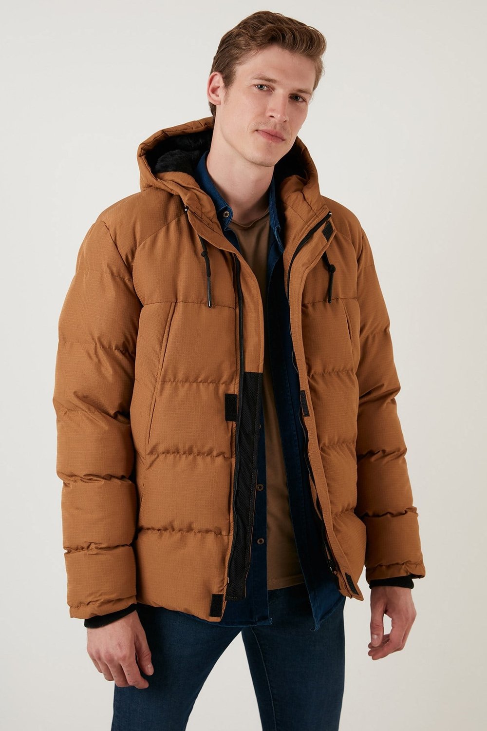 Fermuarlı Cepli Slim Fit Kapüşonlu Şişme Erkek Mont 5711050 HARDAL