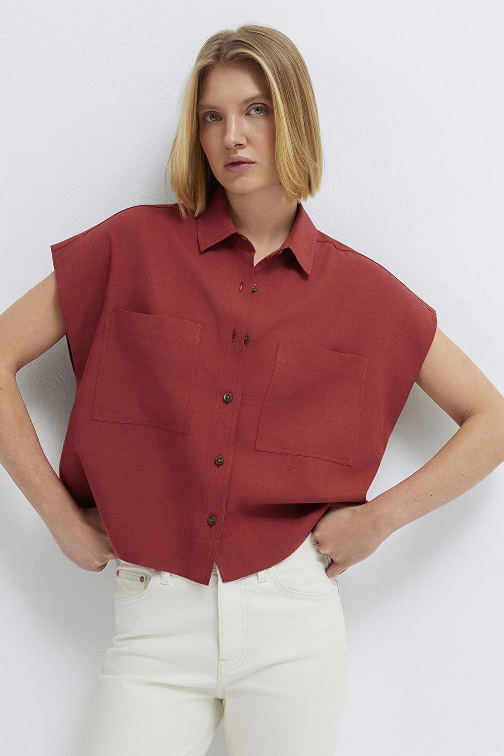 Keten Karışımlı Cep Detaylı Loose Fit Kadın Gömlek 1211090-91507 KIZIL