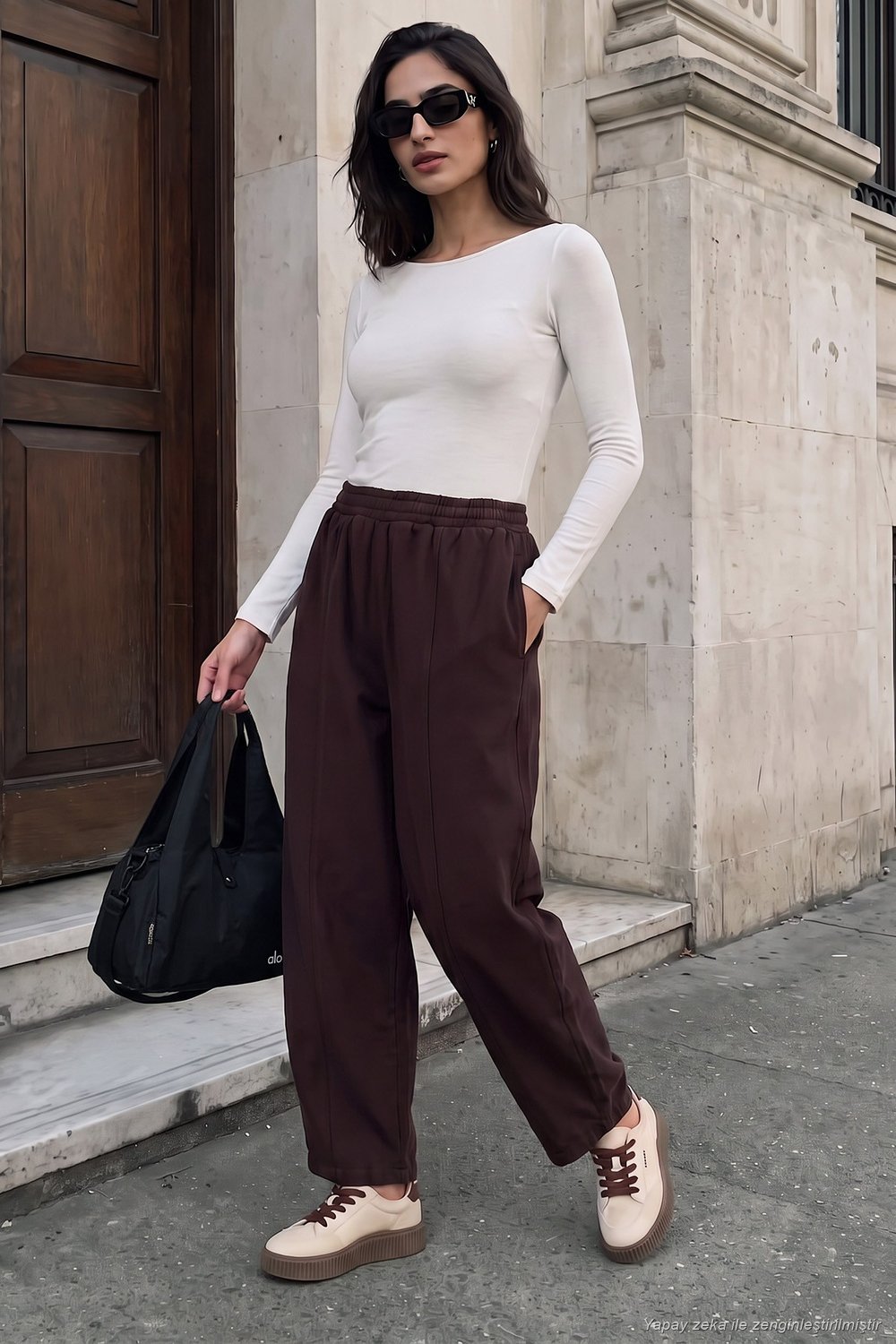Lastikli Bel Dikiş Detaylı Balon Paça Kadın Pantolon 668YP5683 Acı Kahve