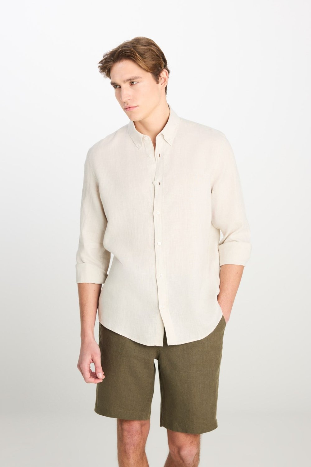 Lee % 100 Keten Regular Fit Klasik Yaka Uzun Kollu Erkek Gömlek L2510549 614 BEJ