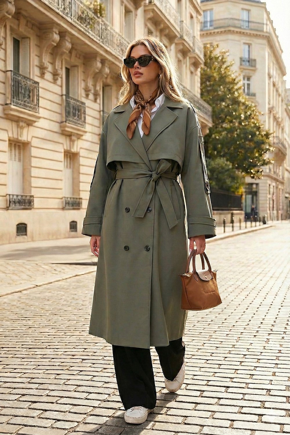 Lela Oversize Fit Kruvaze Yaka Düğmeli Kemerli Uzun Bayan Trençkot 6839476 HAKİ