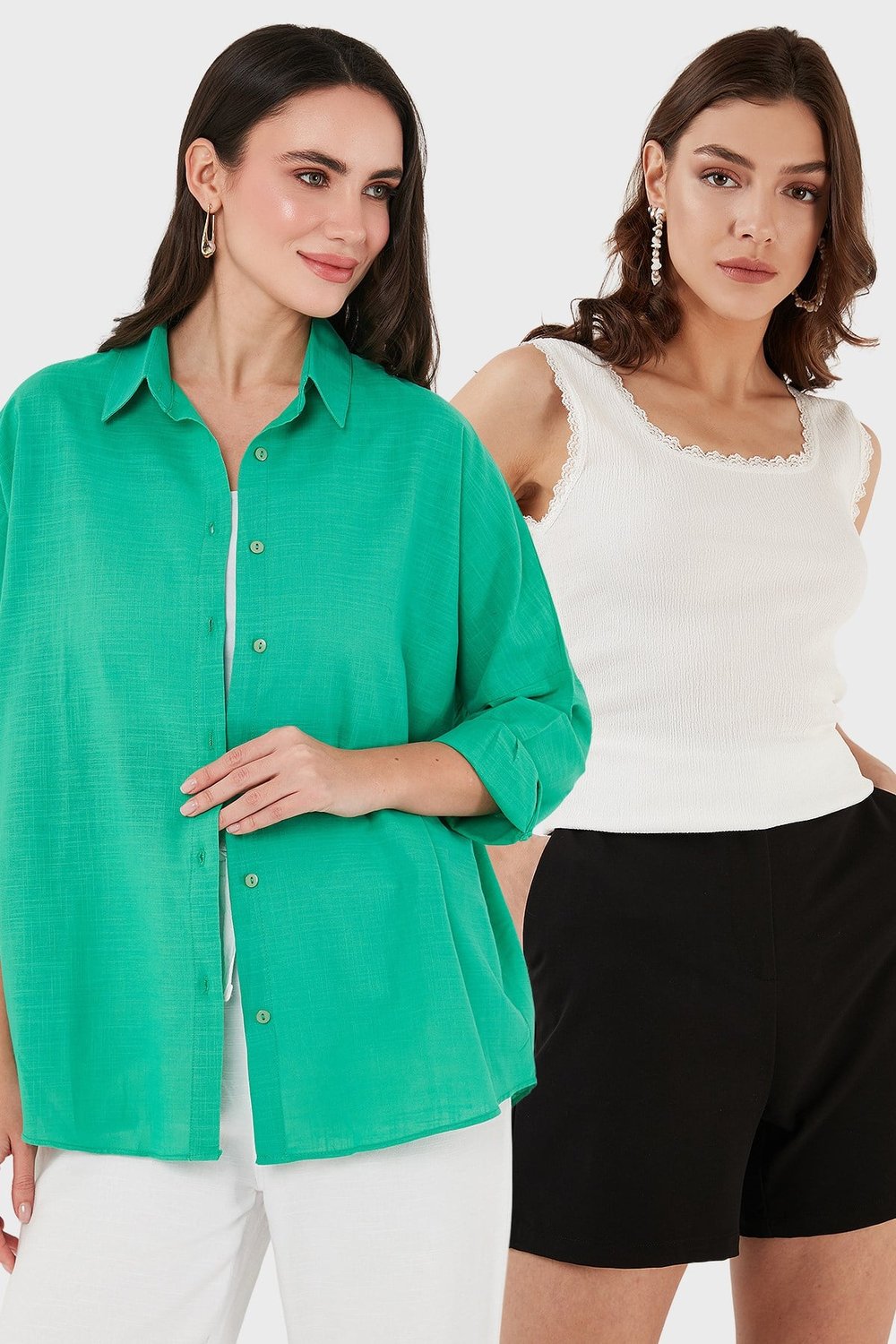 Lela Streç Pamuklu Oversize Fit 2' li Paket Bayan Gömlek-Atlet Set 67810014979S2 YEŞİL-EKRU