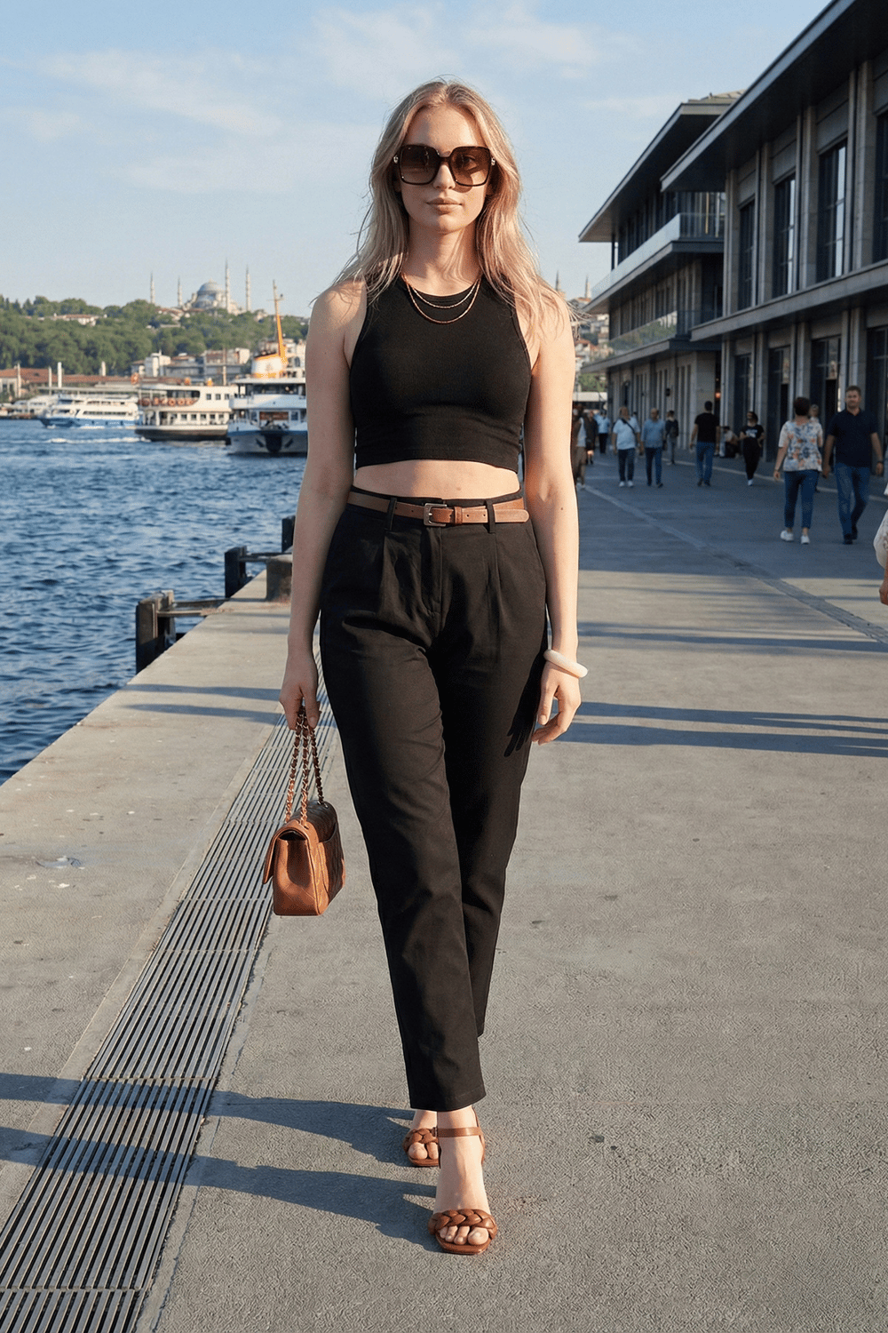 Lela Streç Pamuklu Regular Fit Yüksek Bel Düz Kısa Paça Kemerli Bayan Pantolon 668YP5335 SİYAH